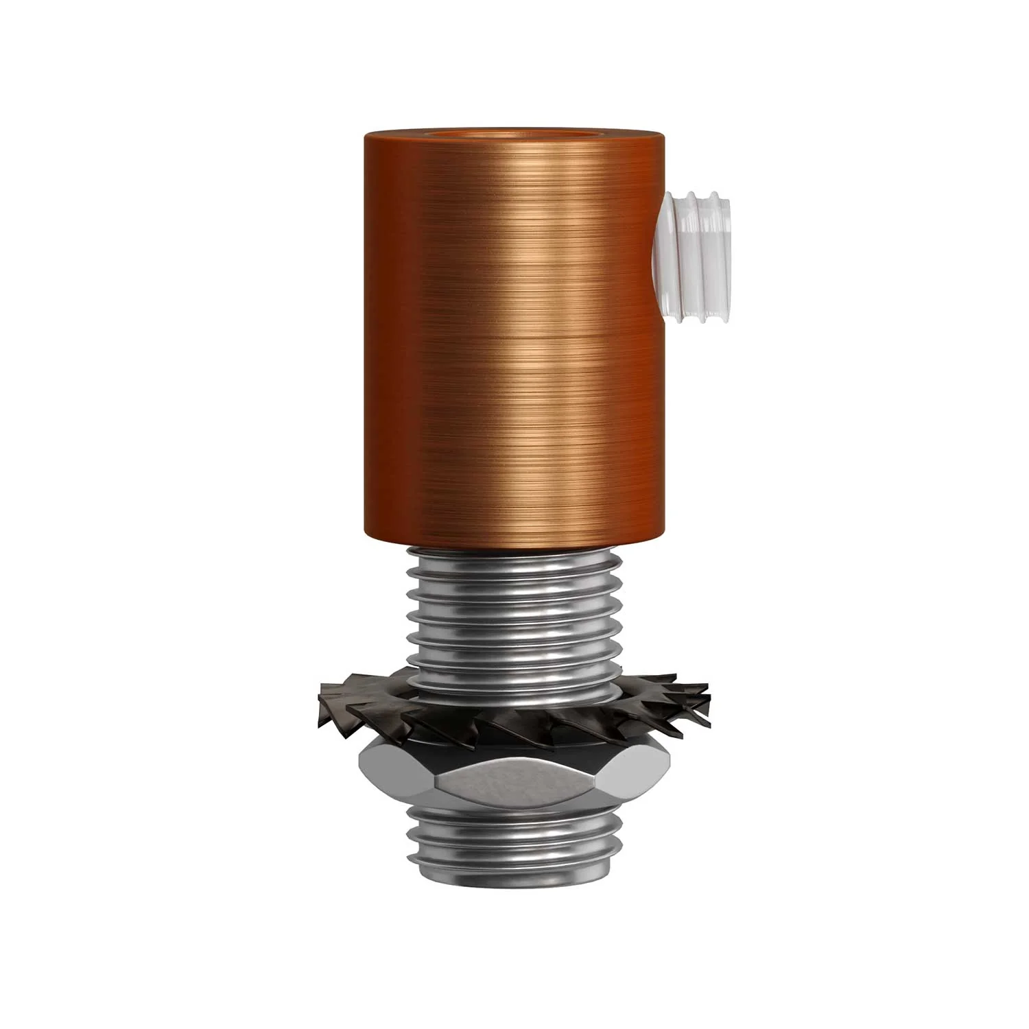 Cylindrical cable clamp in metal complete with rod, nut and washer - Satin copper