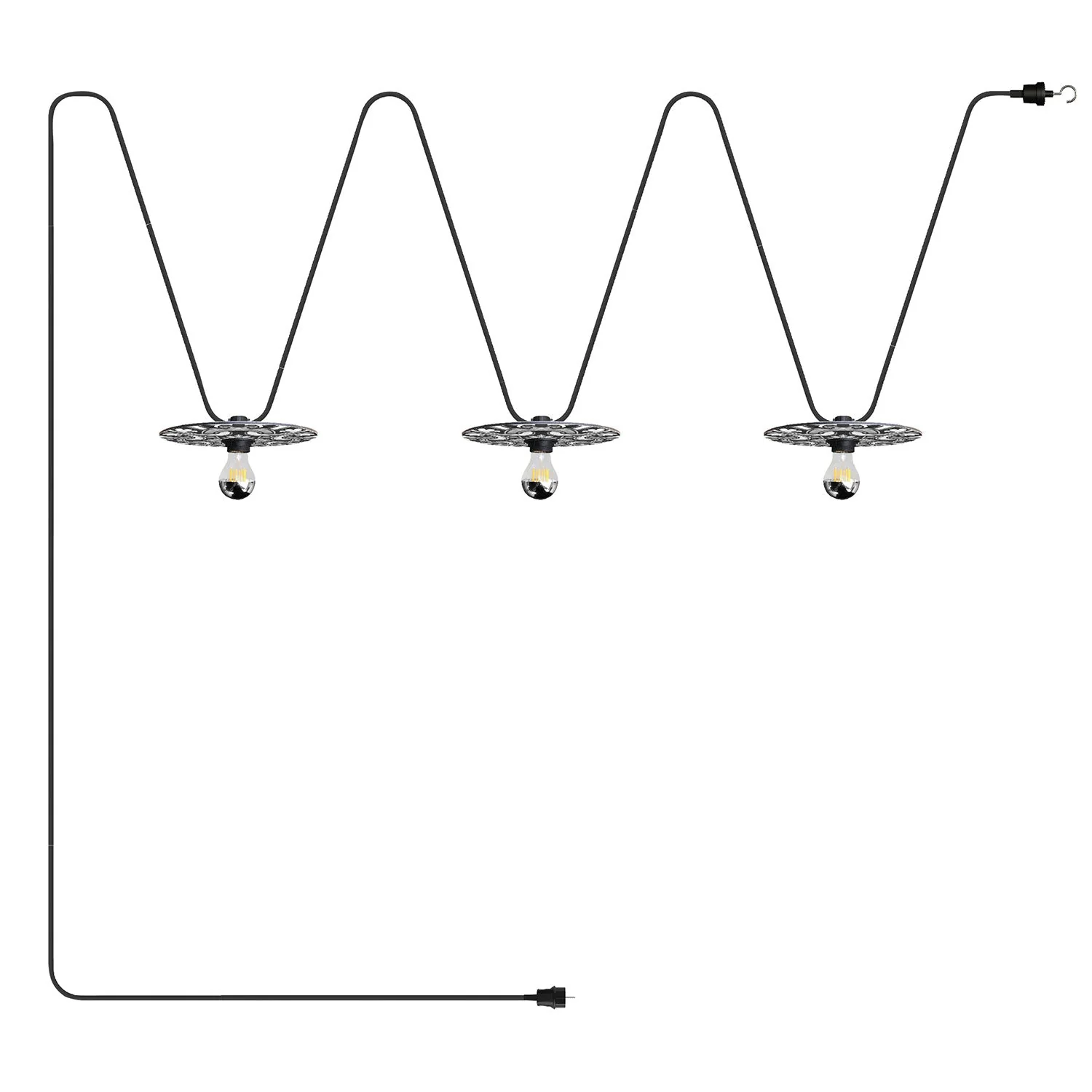 Lumet string light 'Maioliche' system, 10 m with textile cable, 3 lamp holders and black and white lampshades, hook and black plug