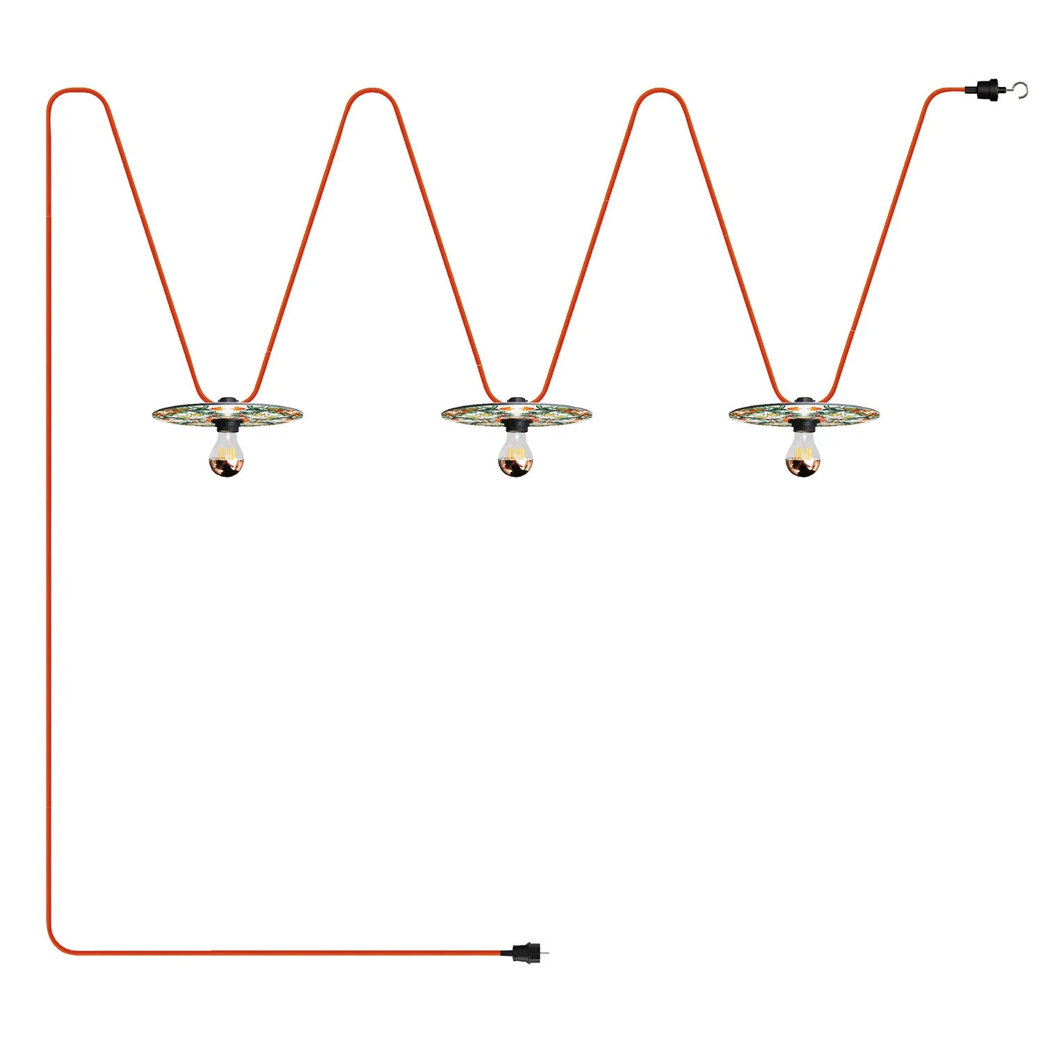 Lumet "Maioliche" String light, 10 m with fabric cable, 3 lamp holders and red and green lampshades, black hook and plug
