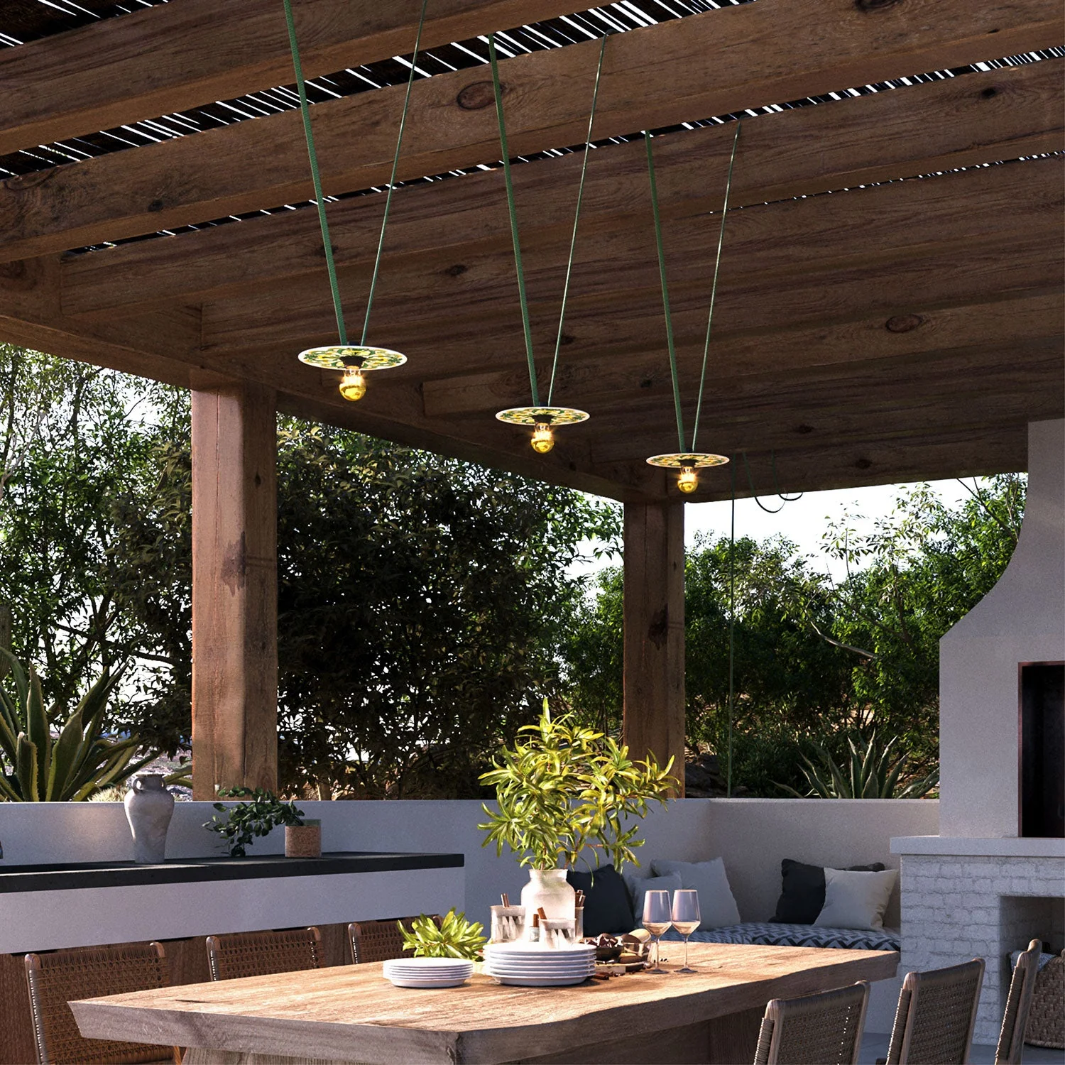 Lumet 'Maioliche' 10 m string light with textile cable, 3 lamp holders and yellow and green lampshades, black hook and plug - Image 2