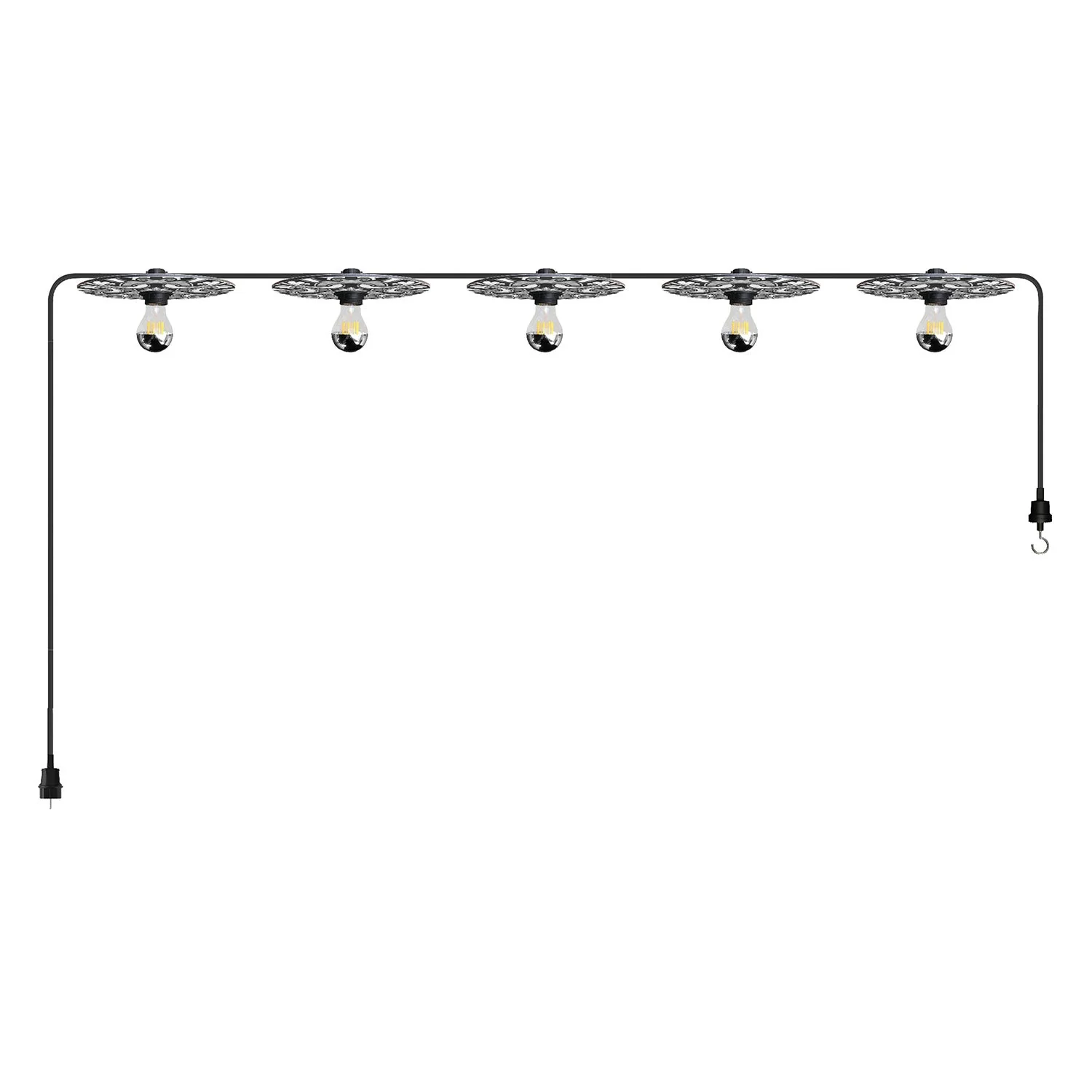 String light Lumet 'Maioliche' system 7.5 m with fabric cable, 5 lamp holders and black and white lampshades, hook and black plug