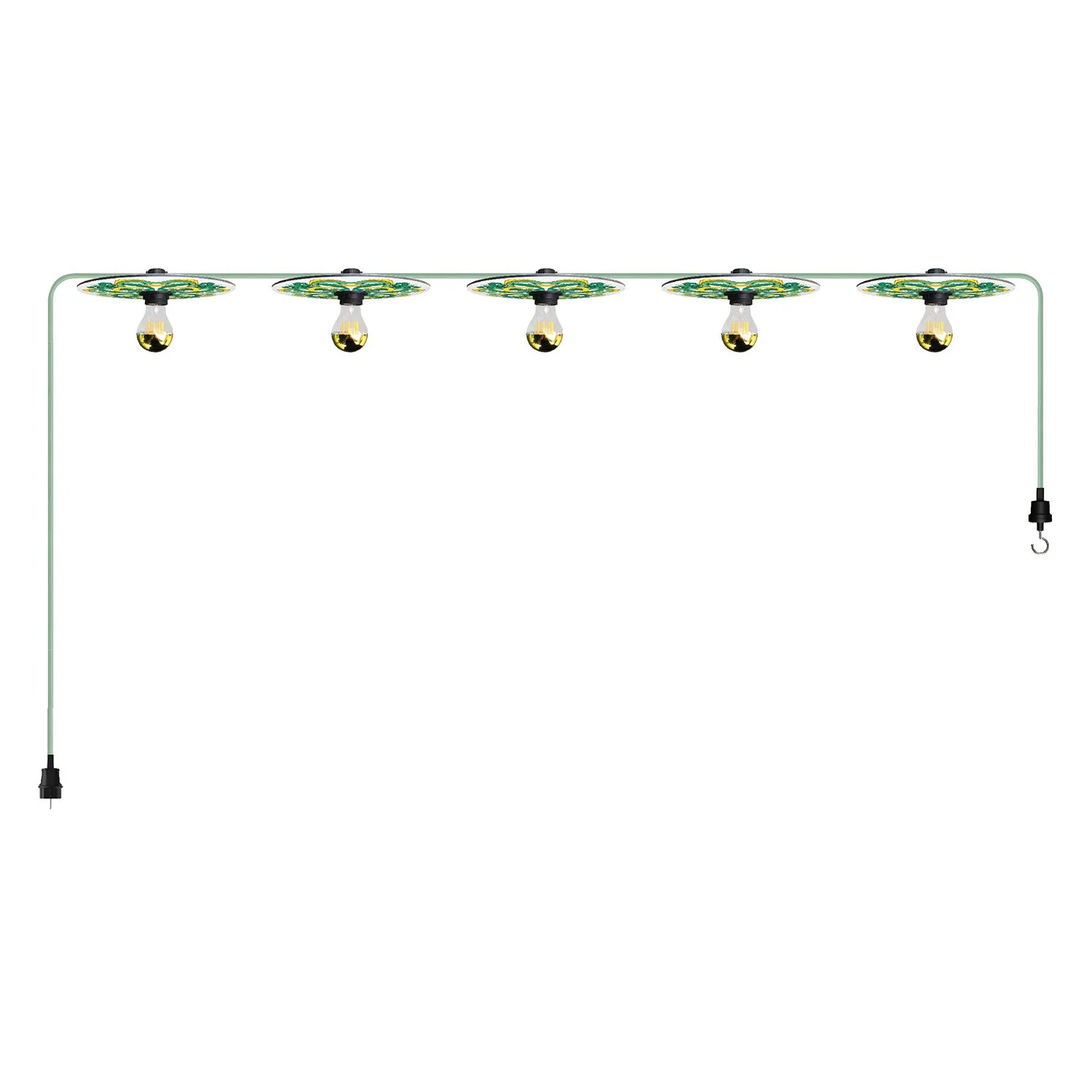 Lumet String light 'Maioliche' 7.5 m with fabric cable, 5 lamp holders and Yellow and Green lampshades, black hook and plug