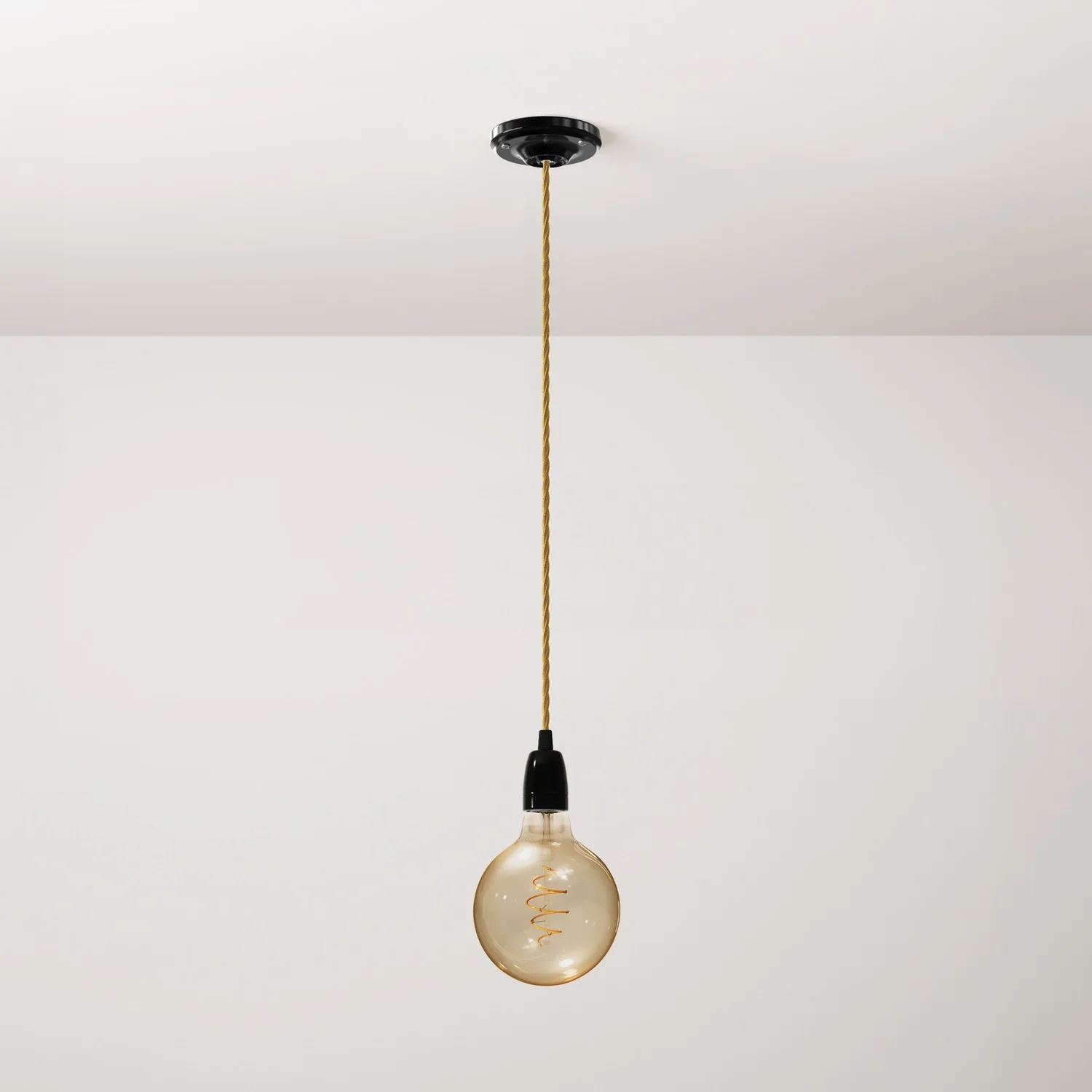 Pendant lamp complete with braided textile cable and porcelain finishes - Black