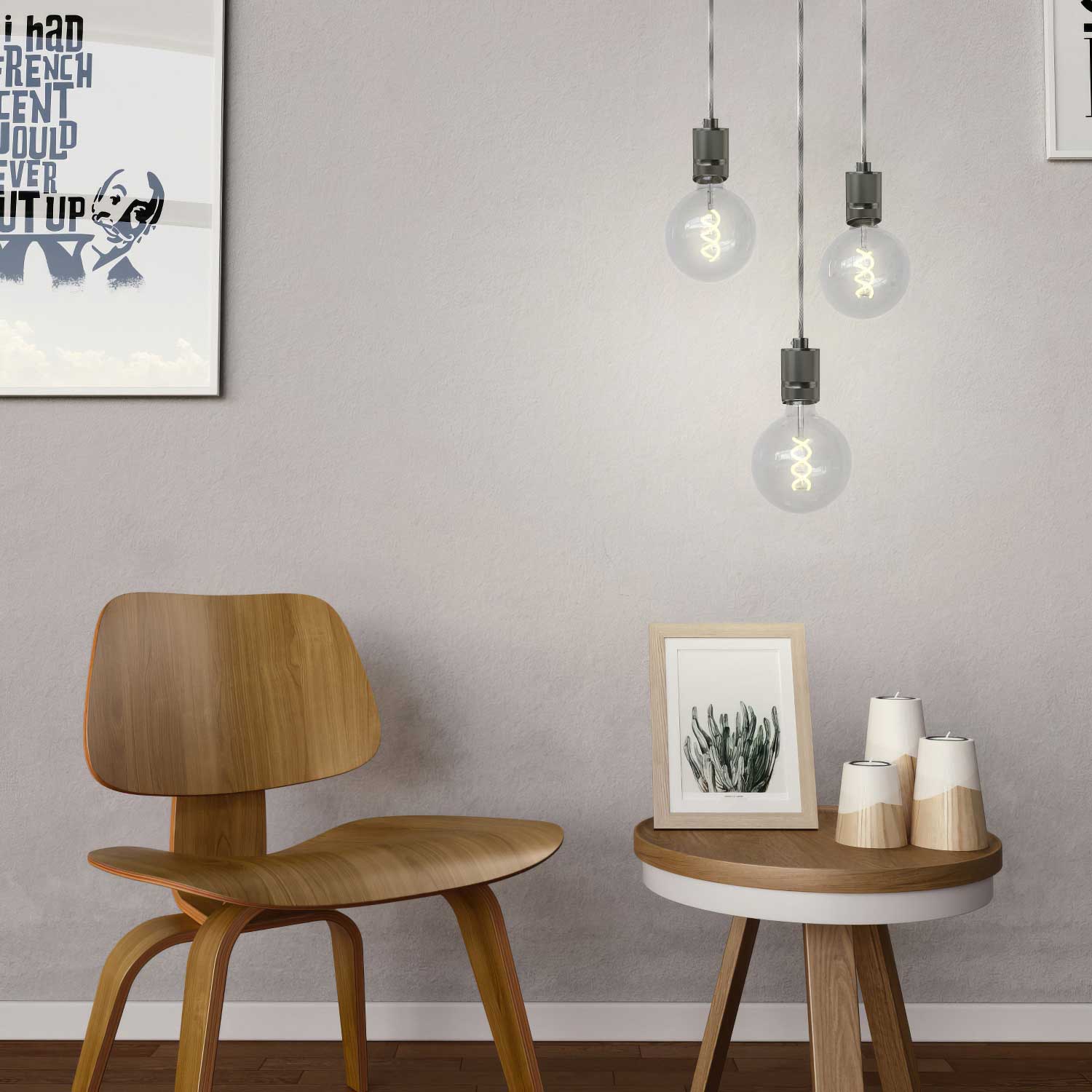 Pendant lamp complete with textile cable and knurled aluminium lamp holder - Satin titanium - Image 2