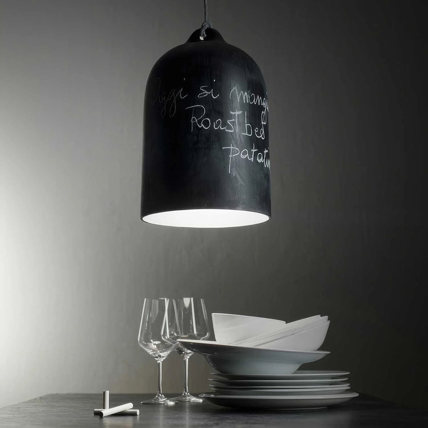 Pendant lamp complete with fabric cable and Campana XL ceramic lampshade - Chalkboard - Image 4
