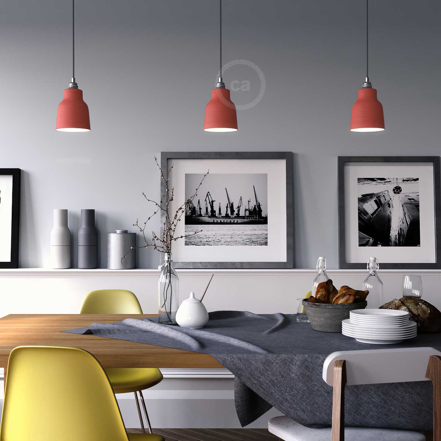 Pendant lamp complete with fabric cable, Vaso ceramic lampshade and metal finishes – Striated Coral - Image 2
