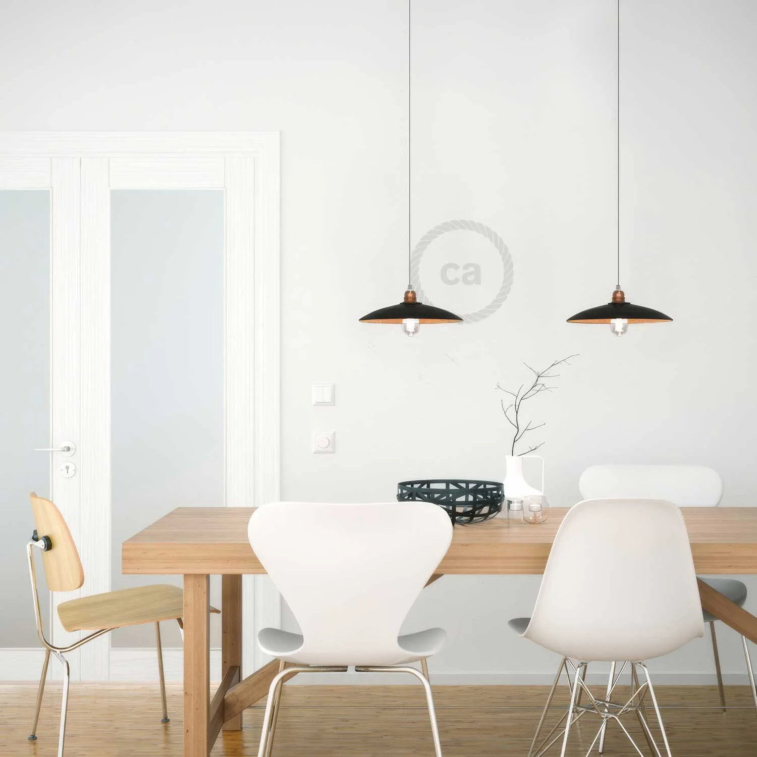 Pendant lamp complete with textile cable, flat ceramic lampshade and metal finishes - Black - Image 2
