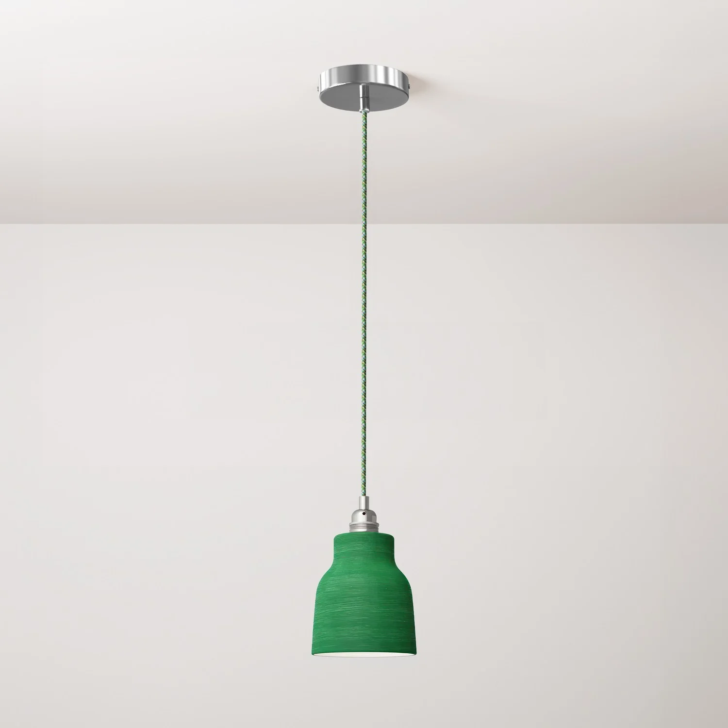 Pendant lamp complete with fabric cable, Vaso ceramic lampshade and metal finishes - Striped Evergreen
