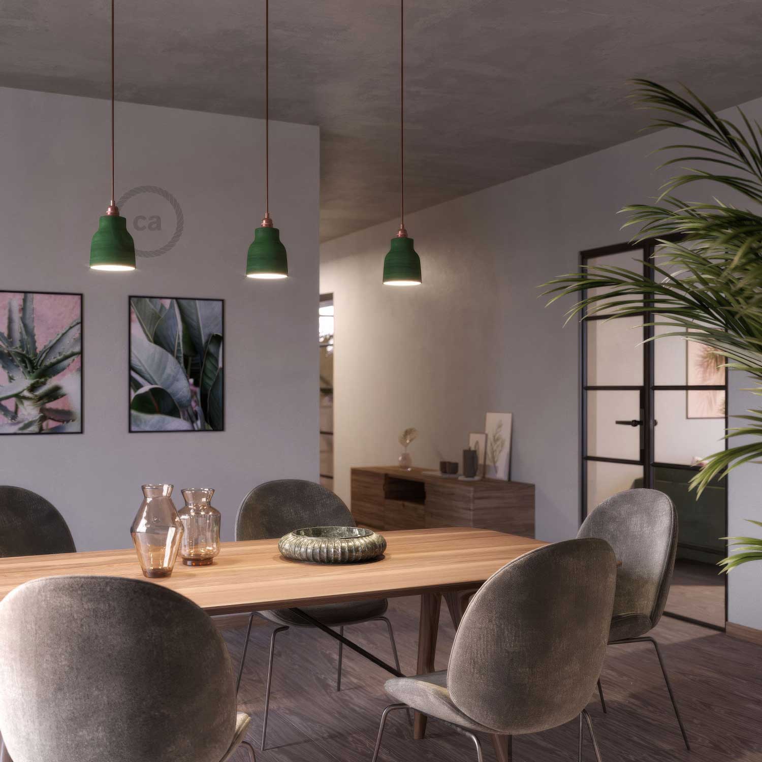 Pendant lamp complete with fabric cable, Vaso ceramic lampshade and metal finishes - Striped Evergreen - Image 2