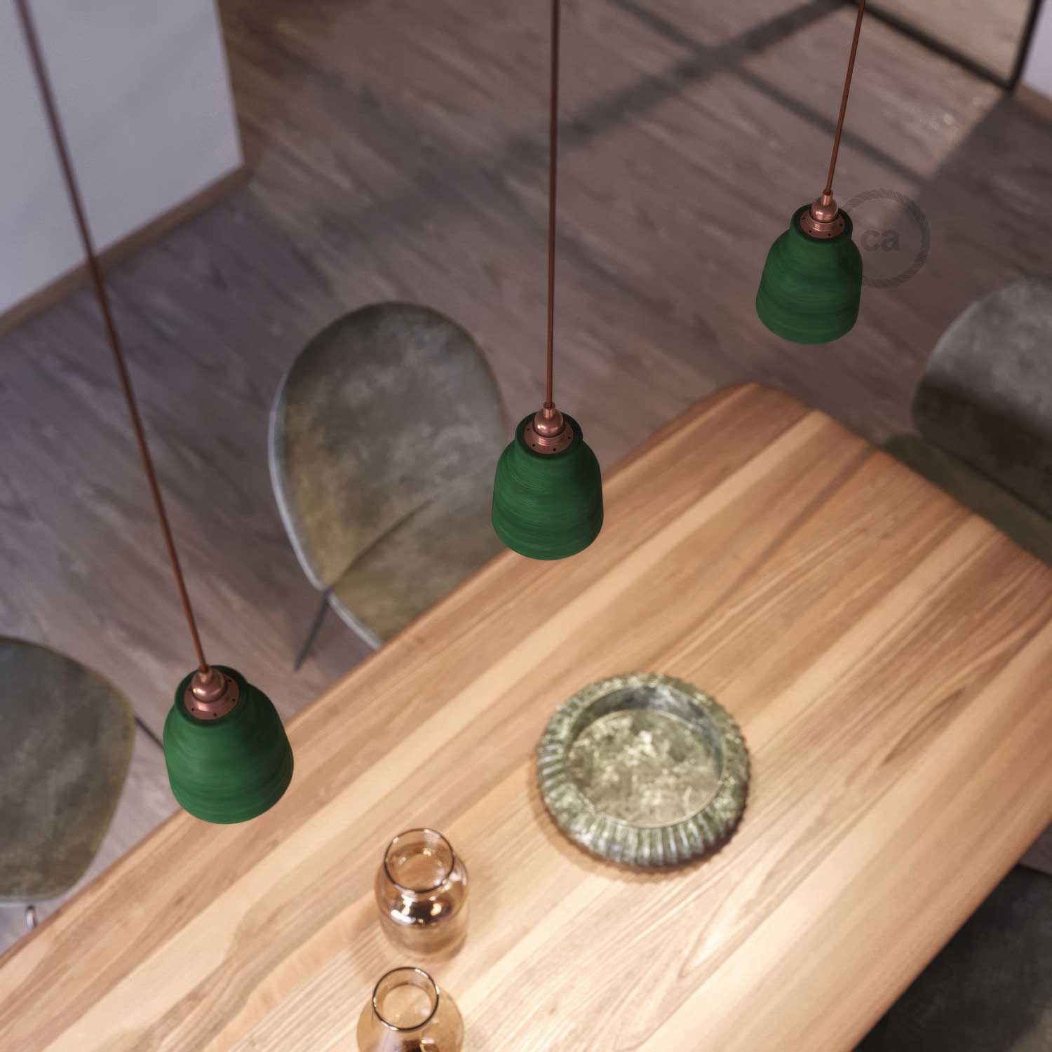 Pendant lamp complete with fabric cable, Vaso ceramic lampshade and metal finishes - Striped Evergreen - Image 3