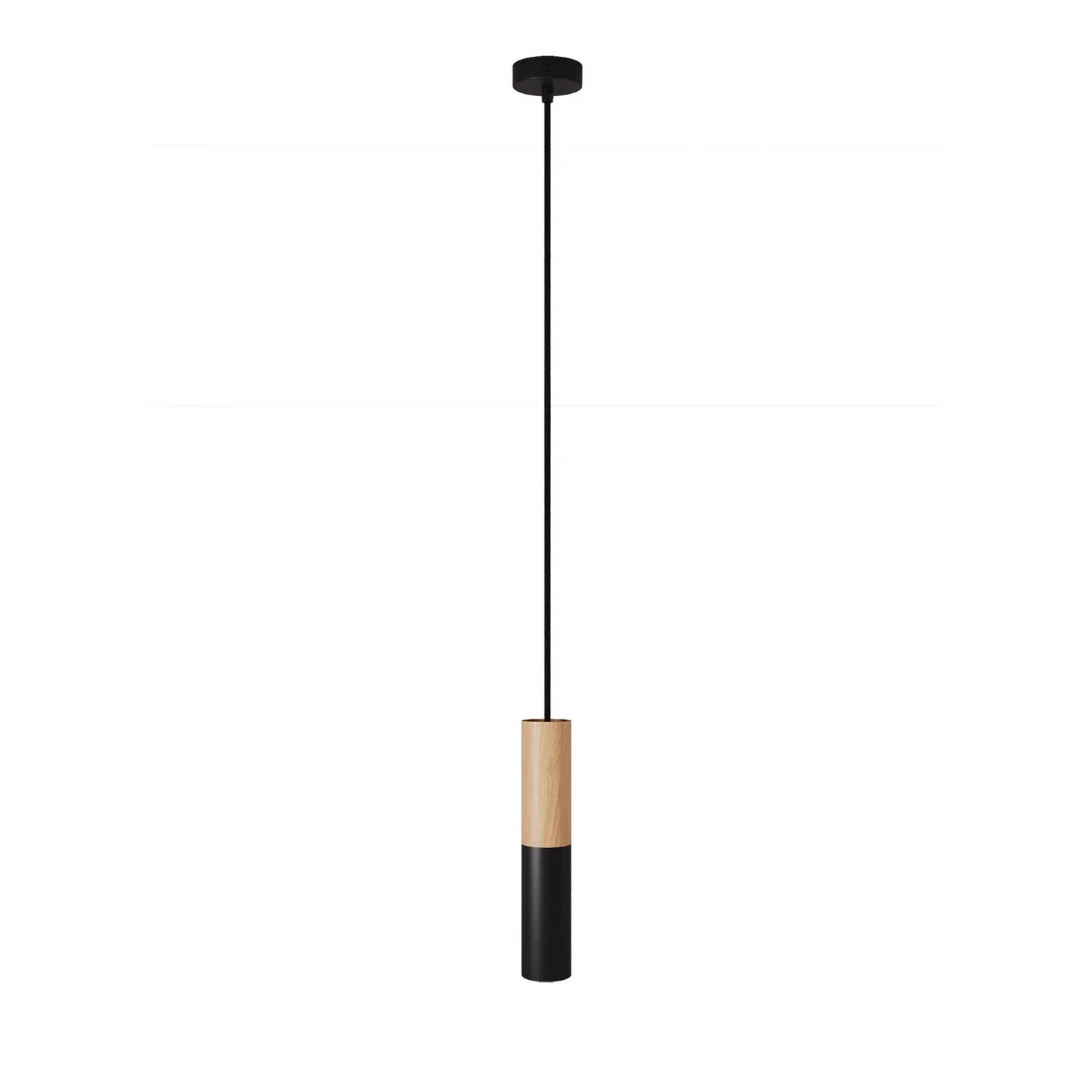 Suspension lamp Made in Italy complete with fabric cable and double Tub-E14 lampshade in wood and metal - Black
