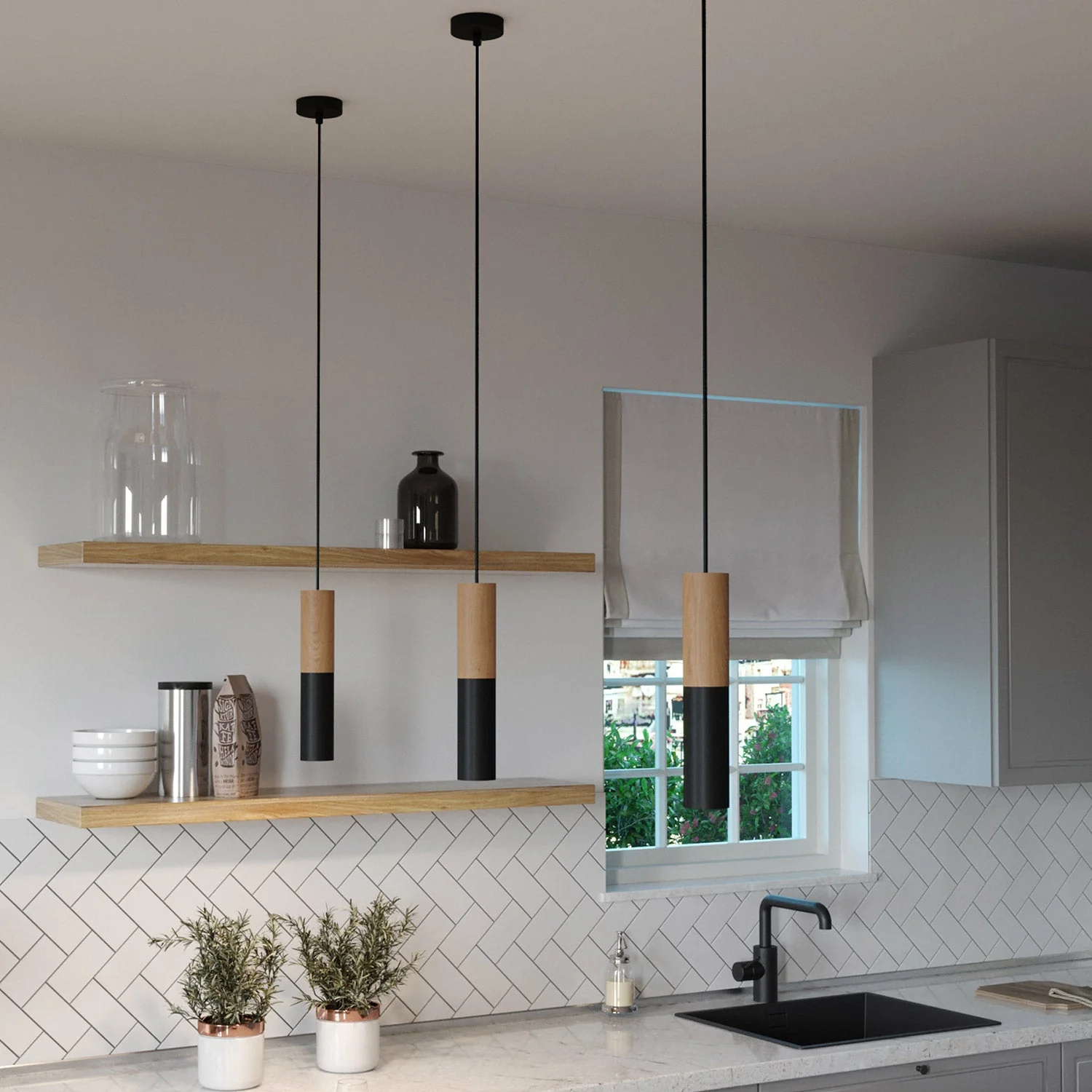 Suspension lamp Made in Italy complete with fabric cable and double Tub-E14 lampshade in wood and metal - Black - Image 2