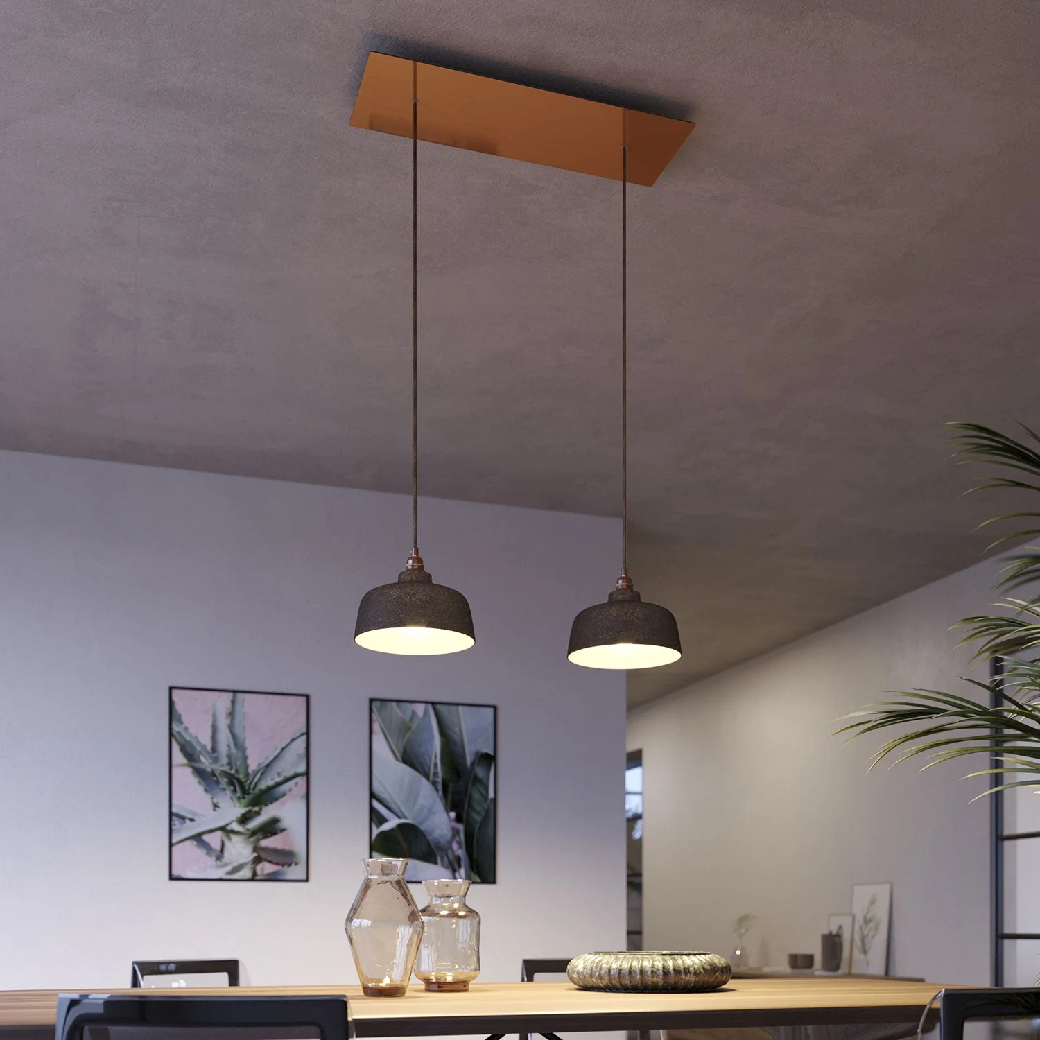 2-drop pendant lamp with XXL Rose-One rectangular 675 mm with Bowl lampshade - Satin copper - Image 2