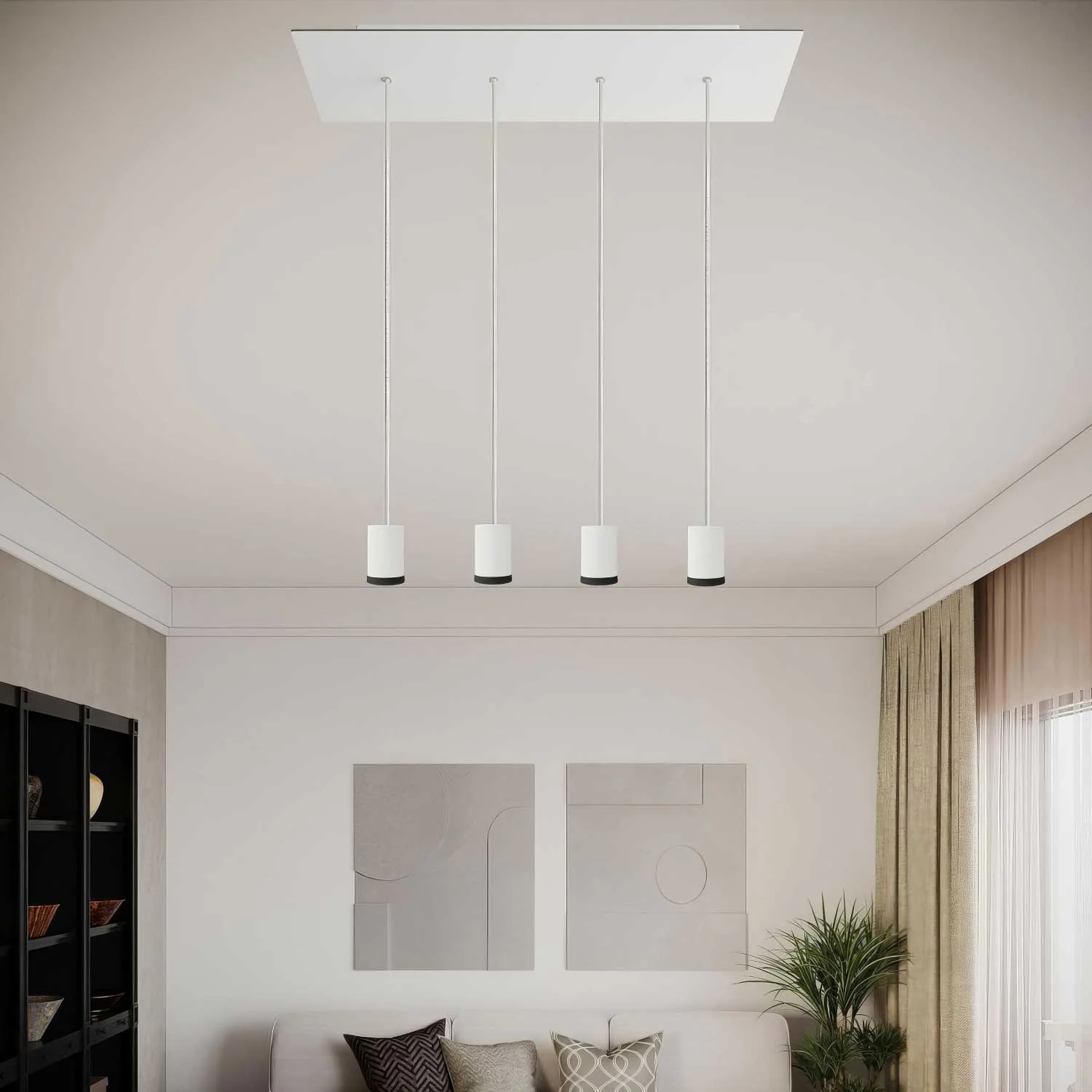 Pendant spotlight lamp with 4 drops GU1d0 and XXL Rose-One rectangular ceiling rose 675 mm - Matt white - Image 2