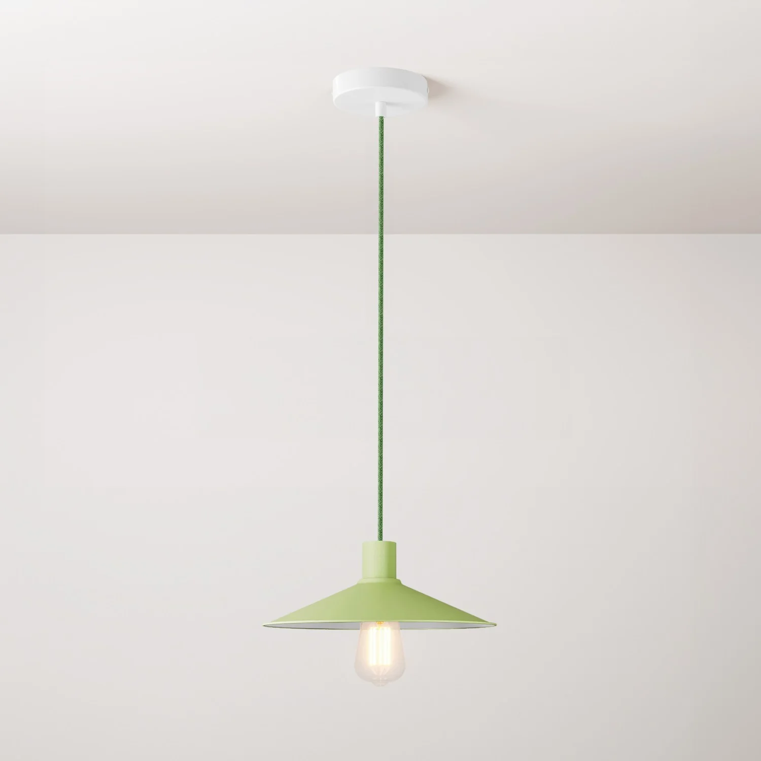 Pendant lamp complete with fabric cable, Swing Pastel lampshade and metal finishes - Meadow green