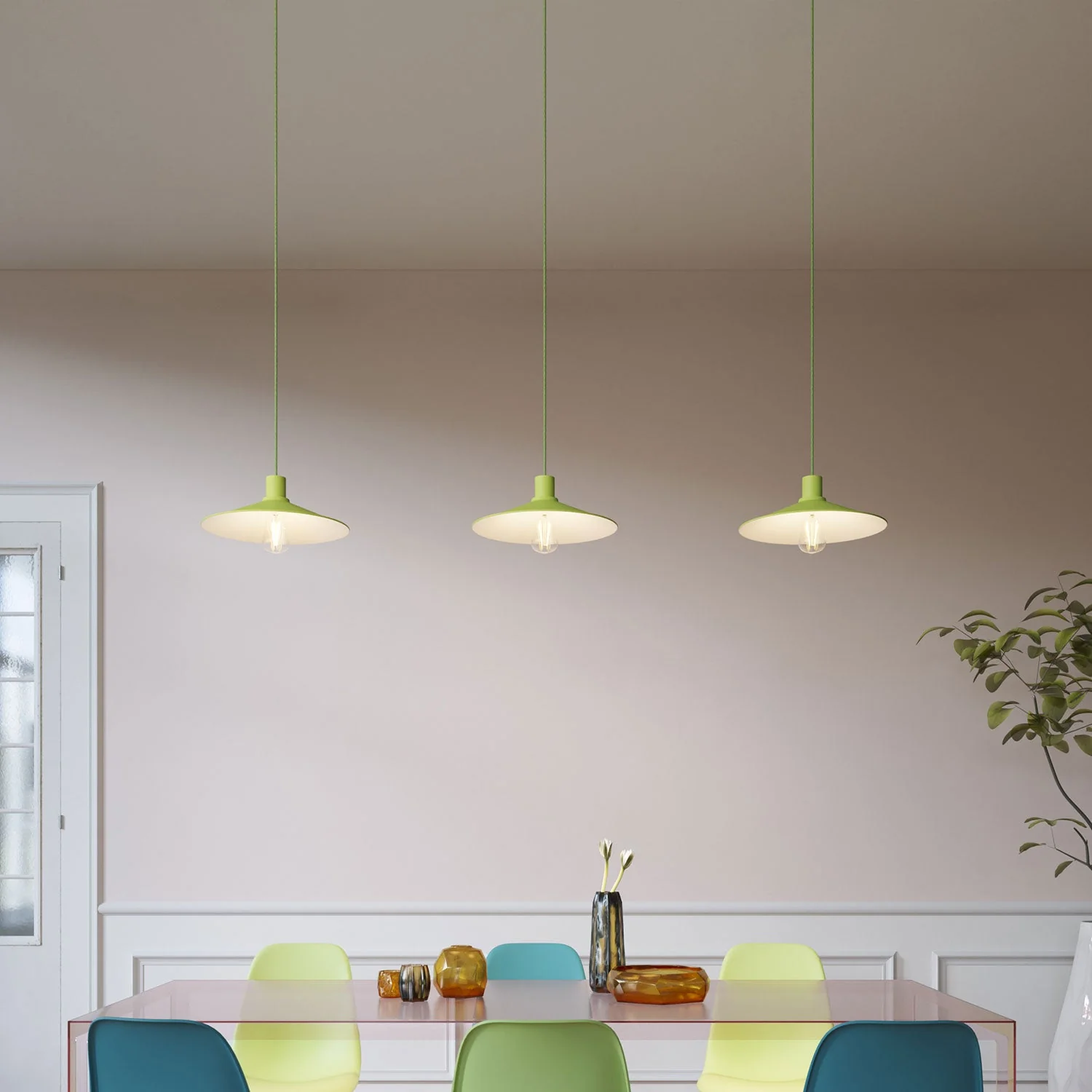 Pendant lamp complete with fabric cable, Swing Pastel lampshade and metal finishes - Meadow green - Image 2