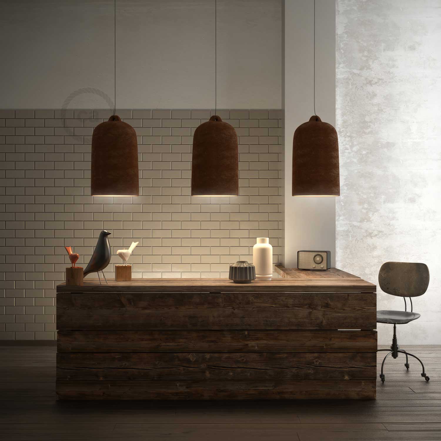 Pendant lamp complete with fabric cable and XL Bell ceramic lampshade – Corten effect - Image 3