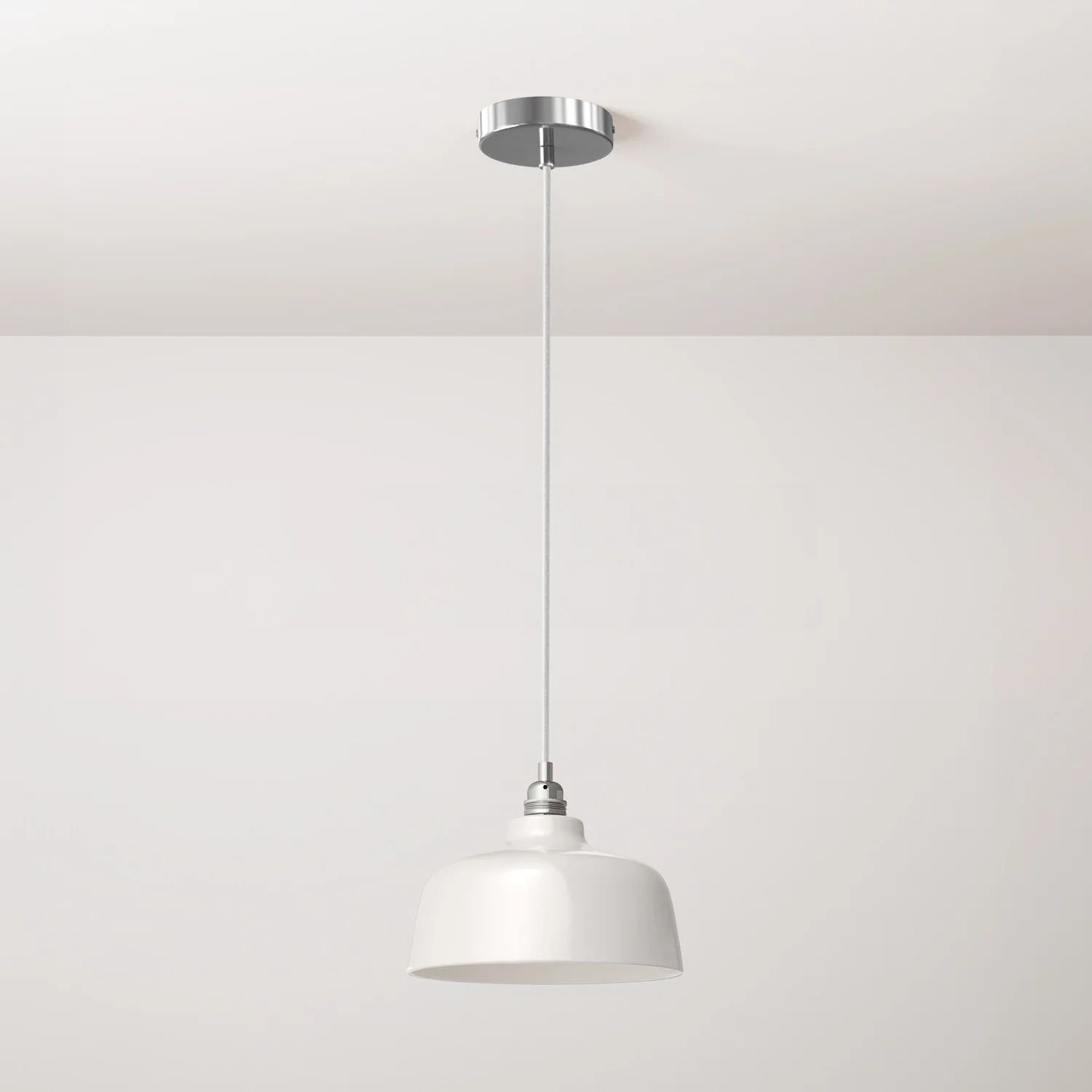 Pendant lamp complete with textile cable, Coppa ceramic lampshade and metal finishes - Glossy white