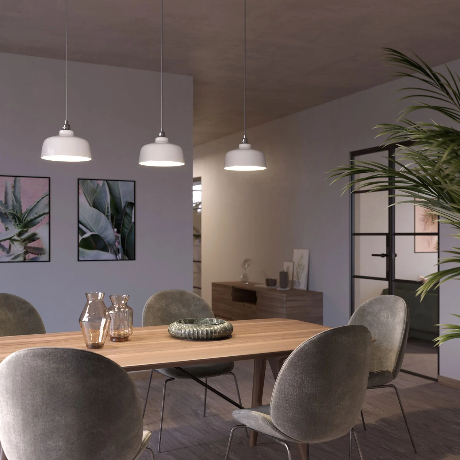 Pendant lamp complete with textile cable, Coppa ceramic lampshade and metal finishes - Glossy white - Image 2