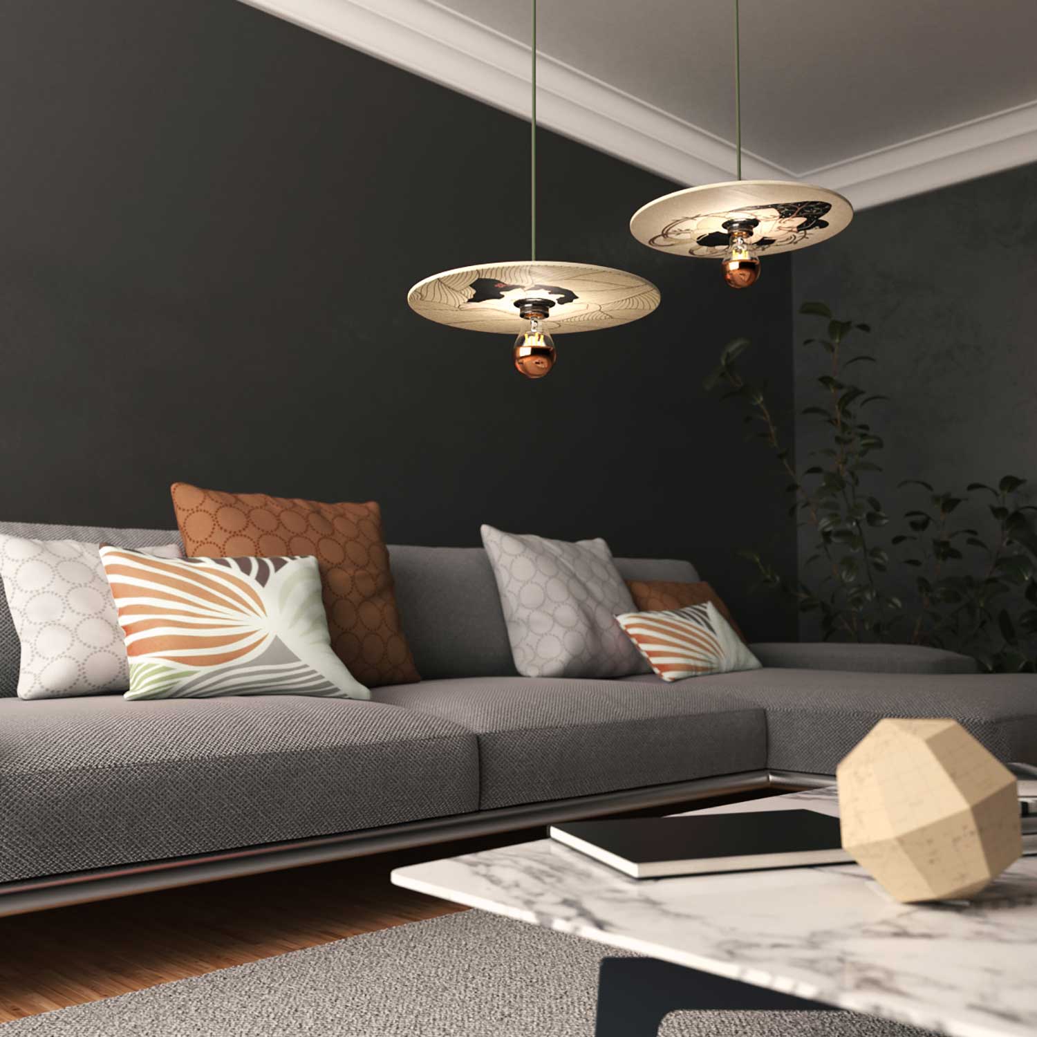 Pendant lamp complete with fabric cable, double-sided wooden UFO lampshade and metal finishes – Carolina Zuniga - Image 3
