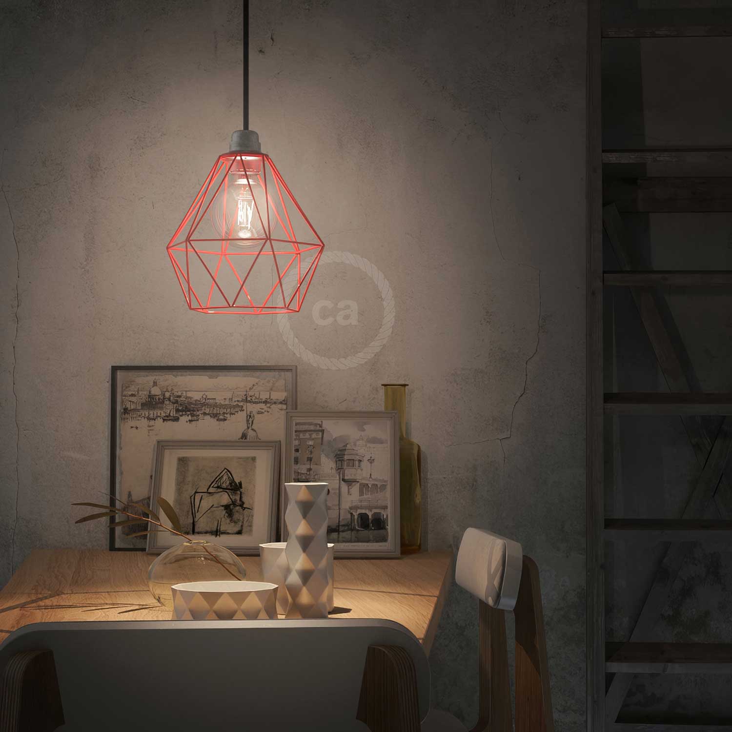 Pendant lamp complete with textile cable, Diamond cage lampshade and metal finishes - Red - Image 2