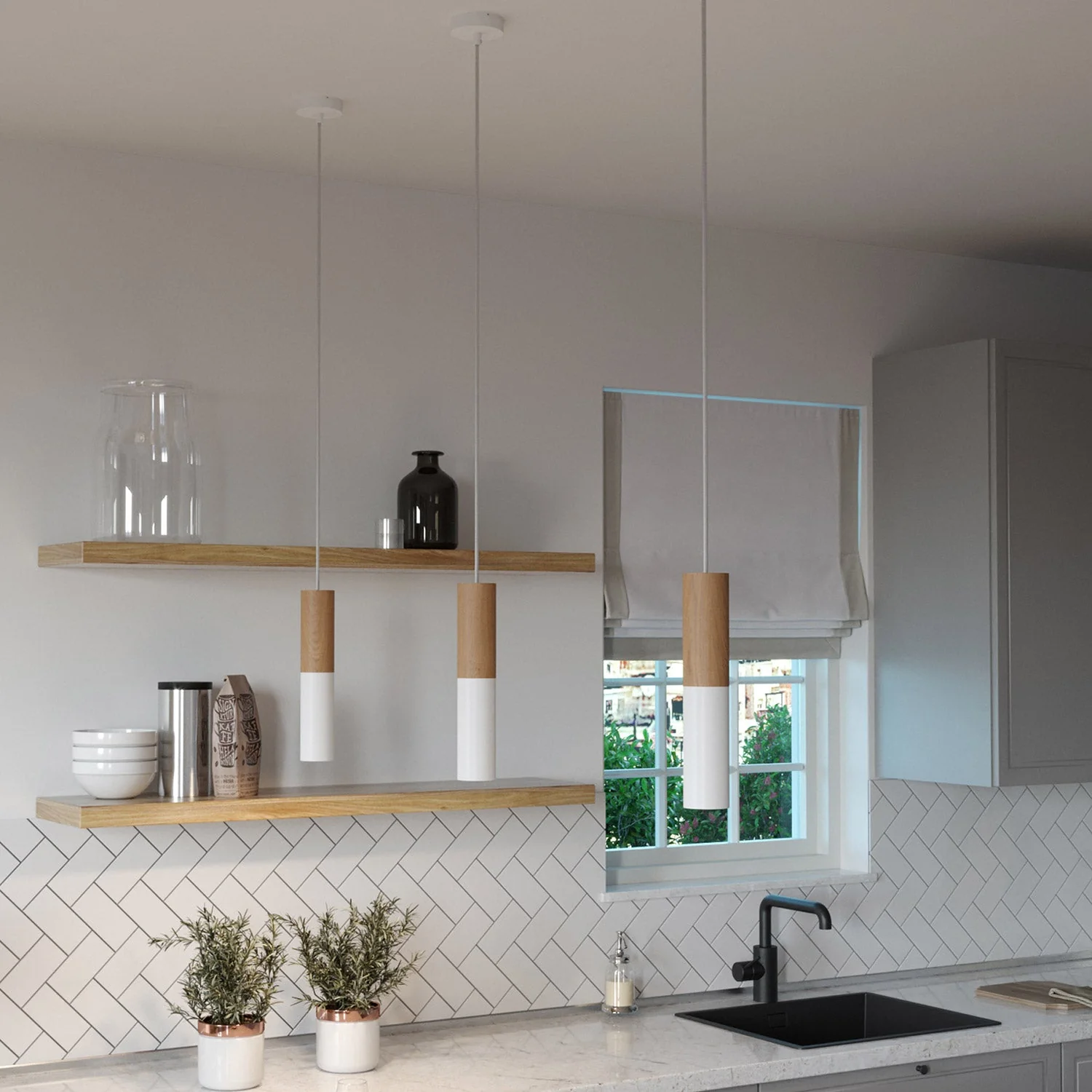Pendant lamp Made in Italy complete with fabric cable and double Tub-E14 lampshade in wood and metal – Matt white - Image 2