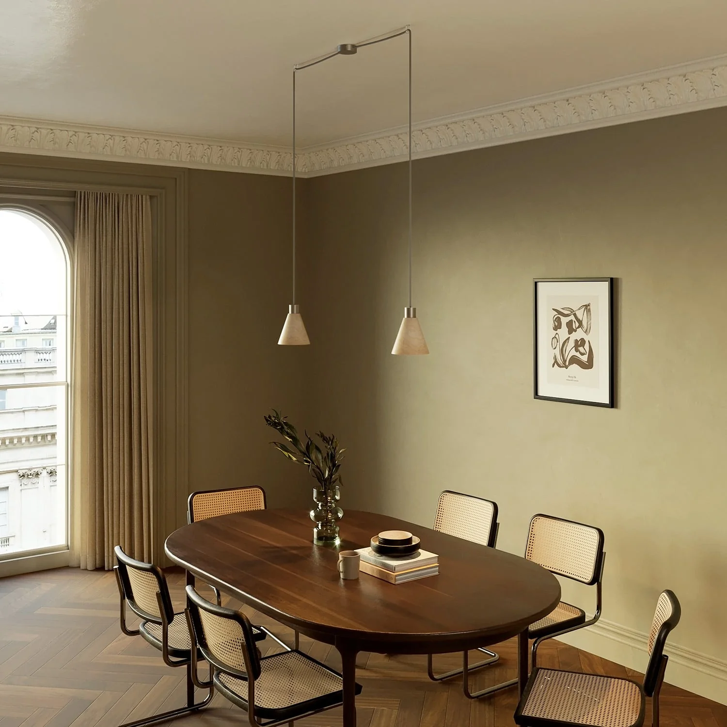 2-drop pendant lamp with conical wooden lampshades - Satin titanium - Image 2
