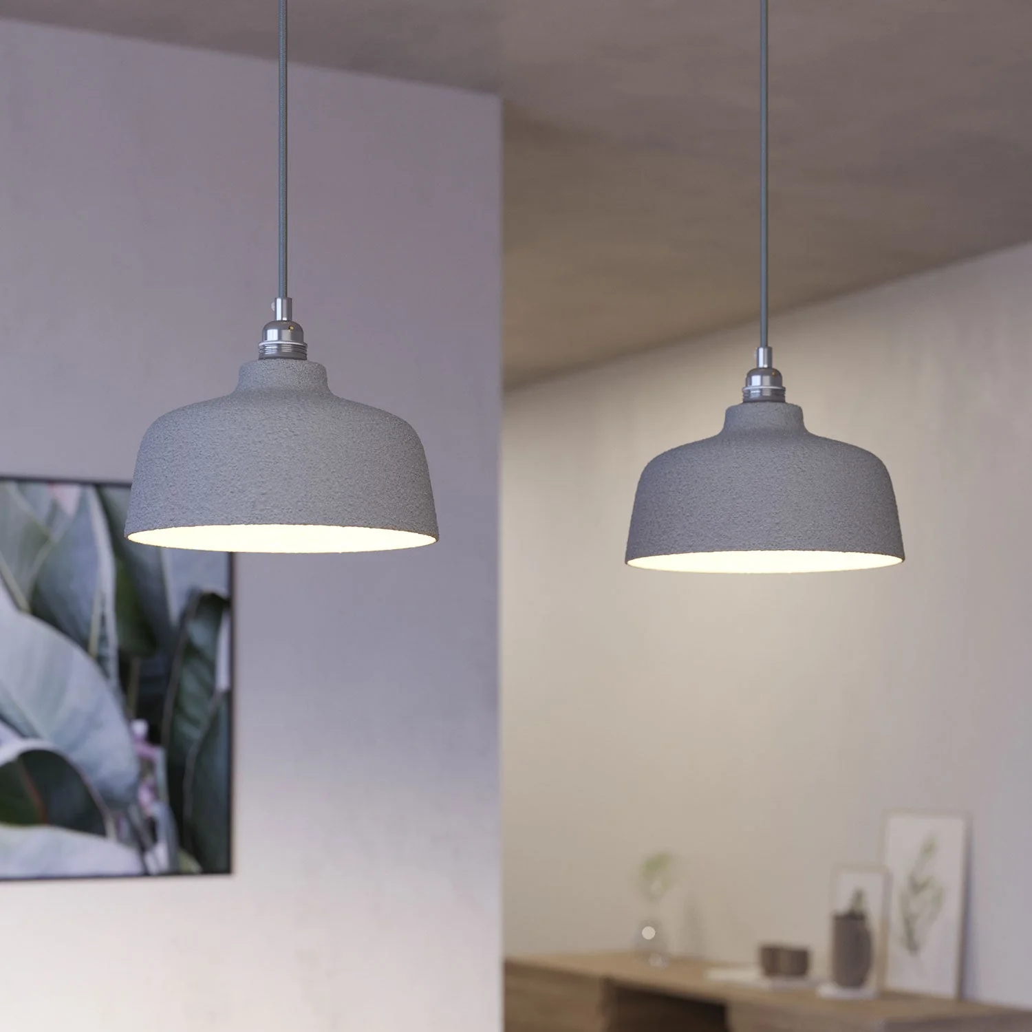 Two-drop pendant lamp with XXL Rose-One rectangular 675 mm with Cup lampshade - Satin steel - Image 3