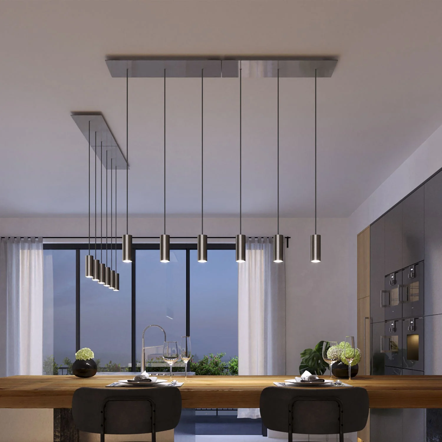 3-drop pendant lamp with XXL Rose-One rectangular 675 mm and Tub-E14 metal lampshade - Satin steel - Image 2