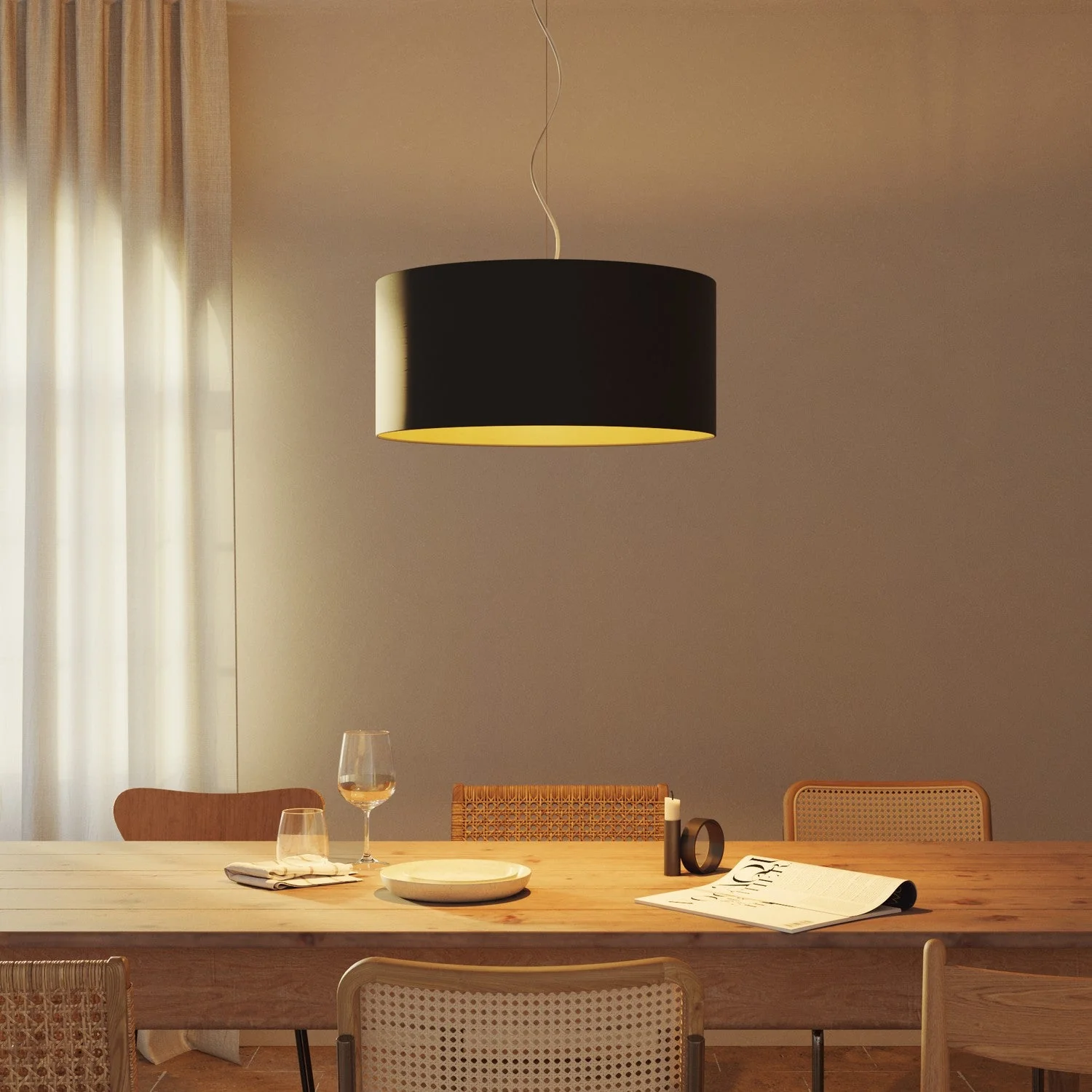 Pendant lamp with Cylindro Large fabric lampshade - Made in Italy - Black/Gold - Image 2