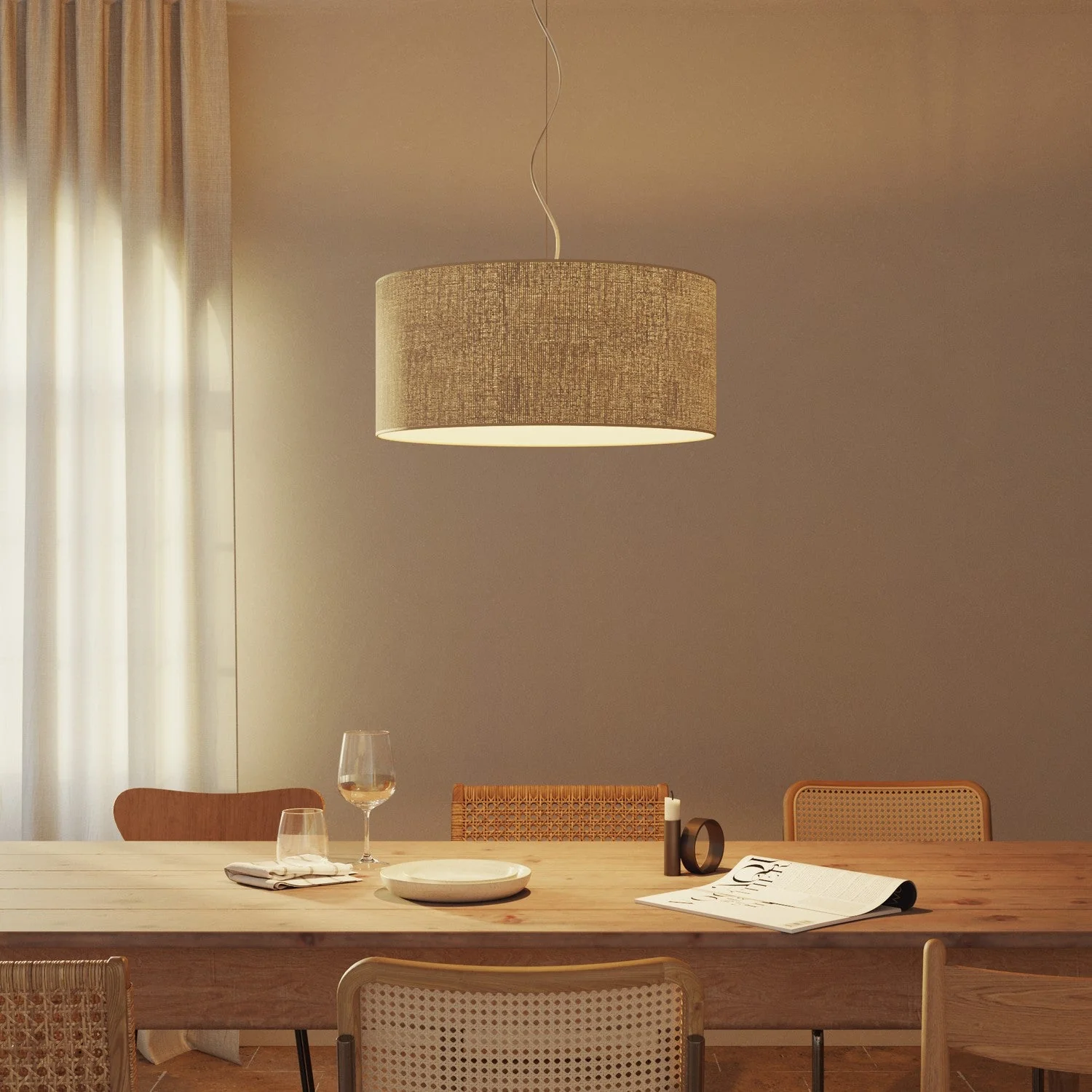 Pendant lamp with Cilindro Large fabric lampshade - Made in Italy - Natural Jute - Image 2