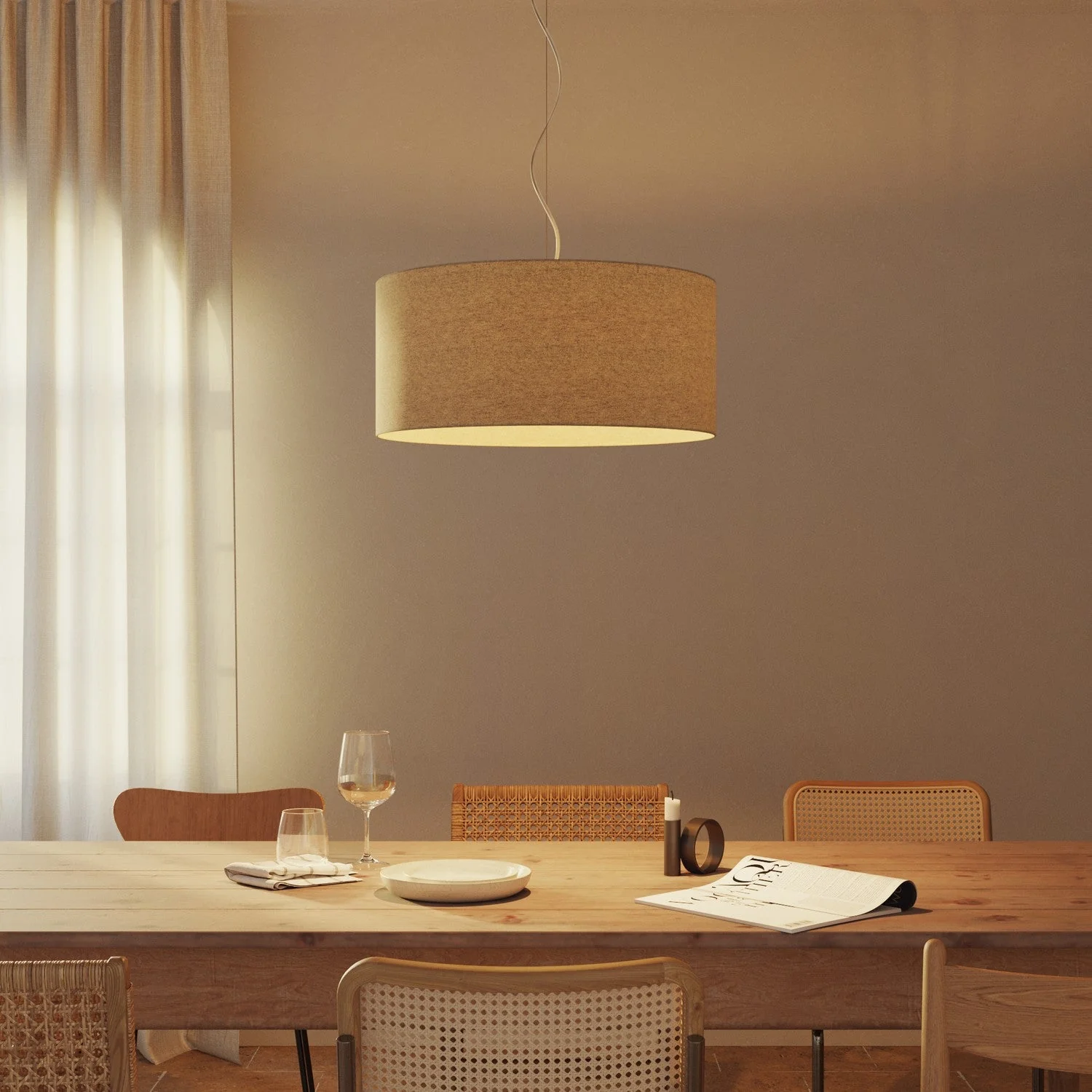 Pendant lamp with Cilindro Large fabric lampshade - Made in Italy - Beige Wool - Image 2