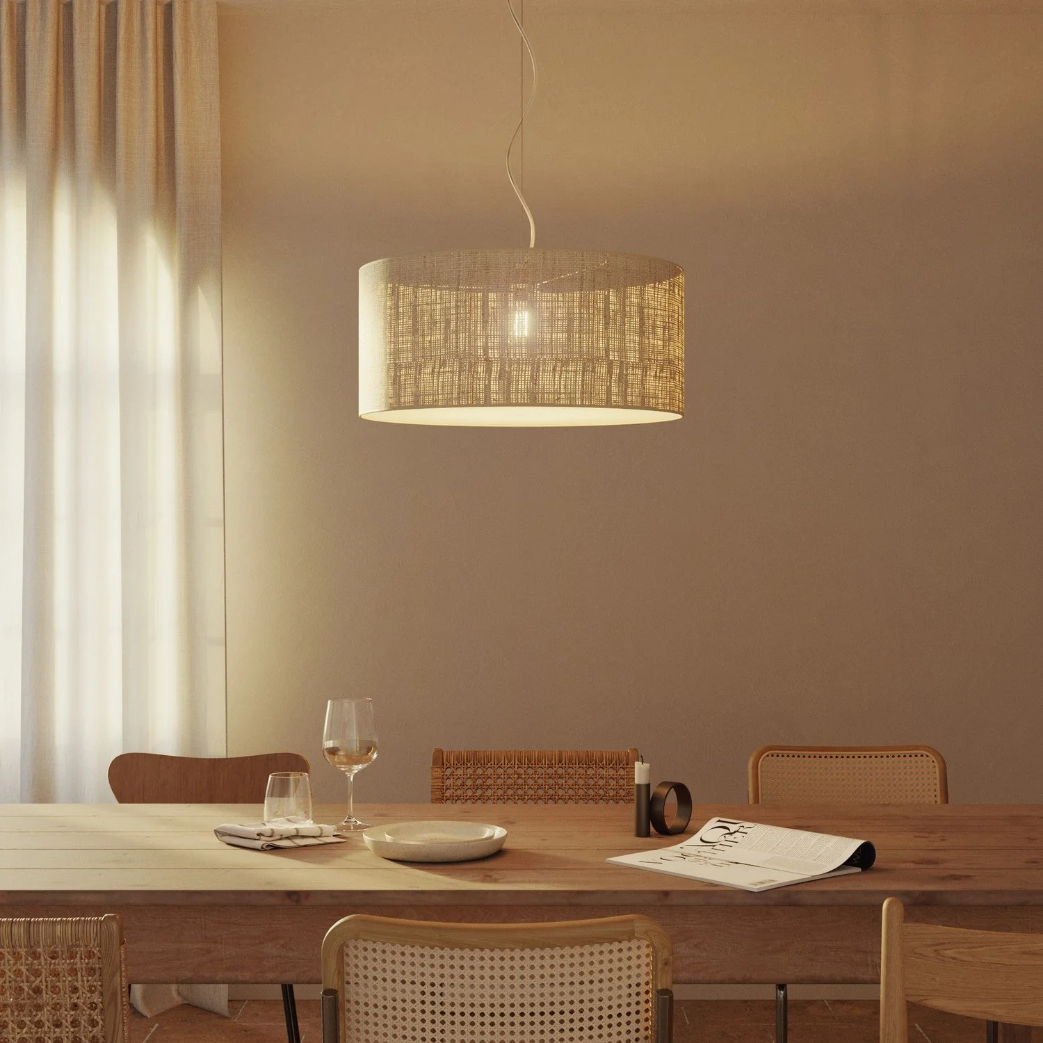 Pendant lamp with Cilindro Large fabric Lampshade - Made in Italy - Raphia - Image 8