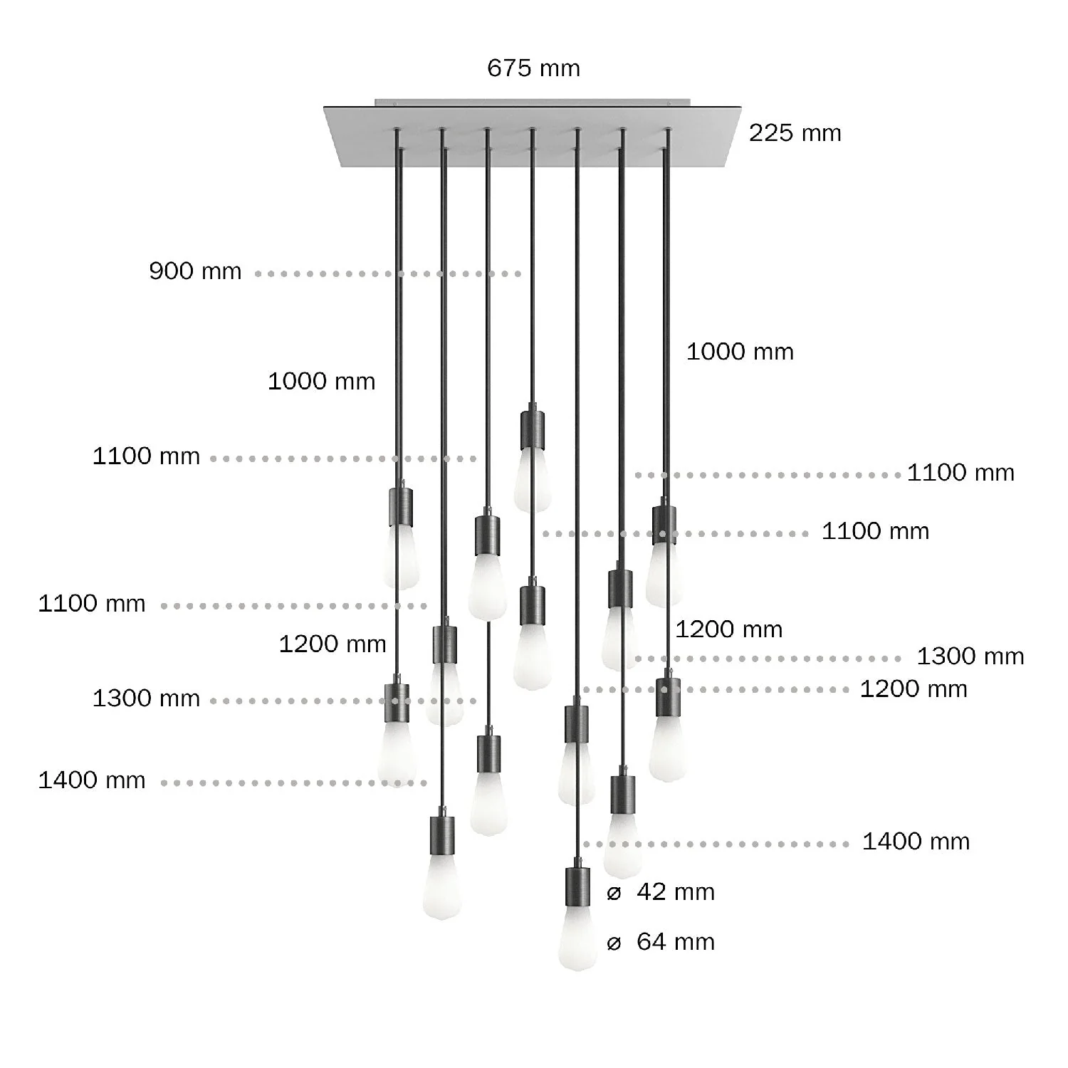 Suspension lamp with 14 drops and XXL rectangular Rose-One 675 mm with metal finishes - Matt white - Image 6