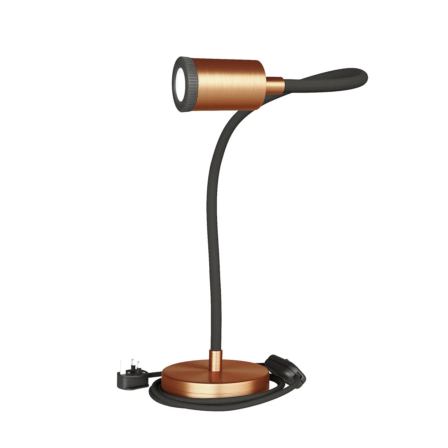 Table Flex GU1d0 adjustable table lamp with mini LED spotlight and UK plug - Satin copper