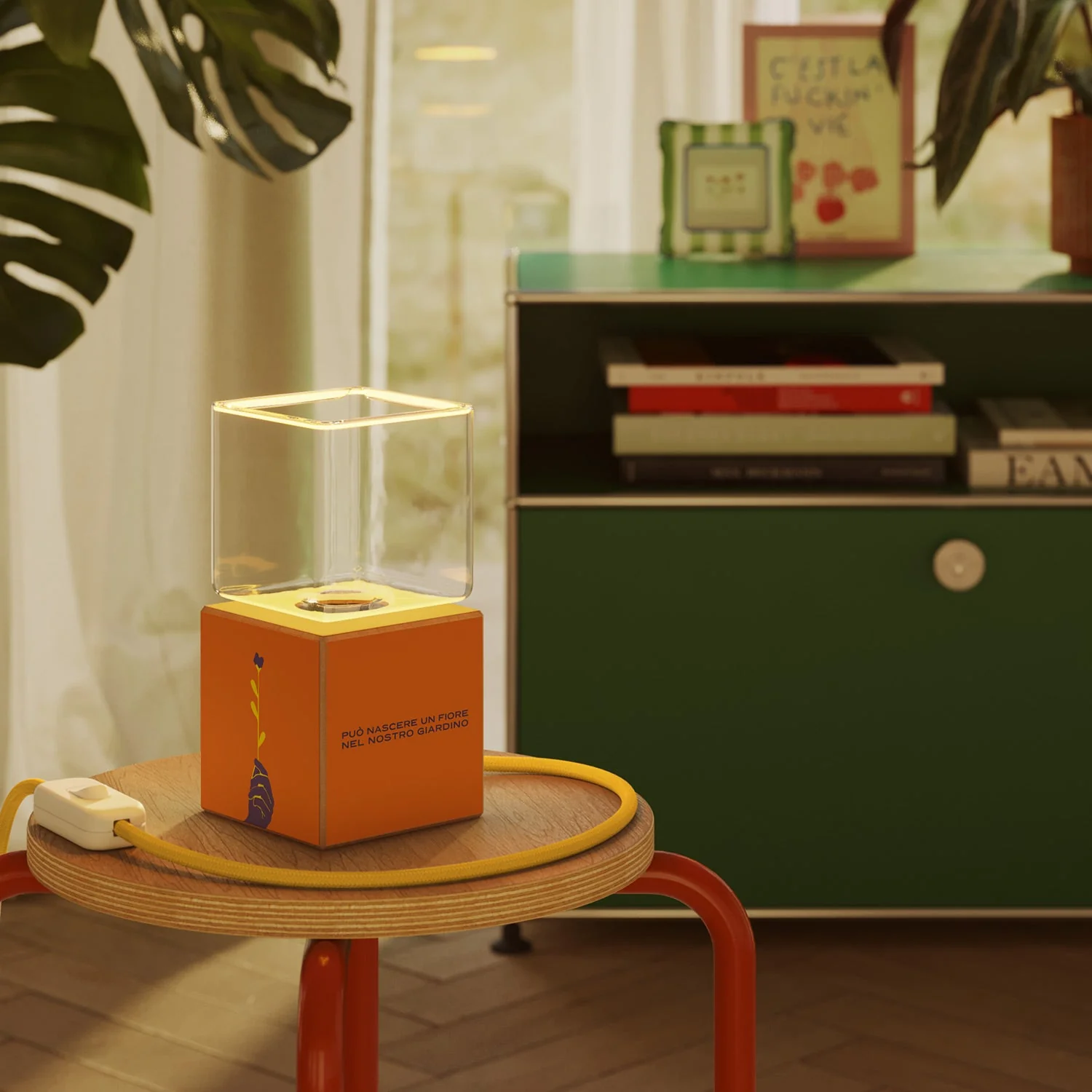 Cubetto table lamp “Può nascere un fiore” with UK Plug and Ghost Light bulb - Santomanifesto - Image 2
