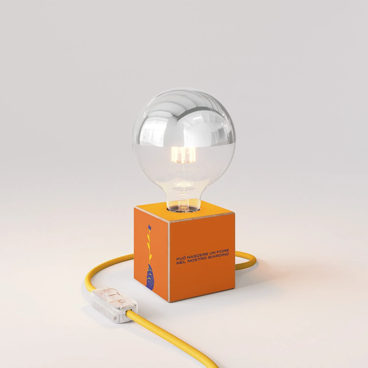 Cubetto table lamp “Può nascere un fiore” with silver half-sphere globe Light bulb - Santomanifesto