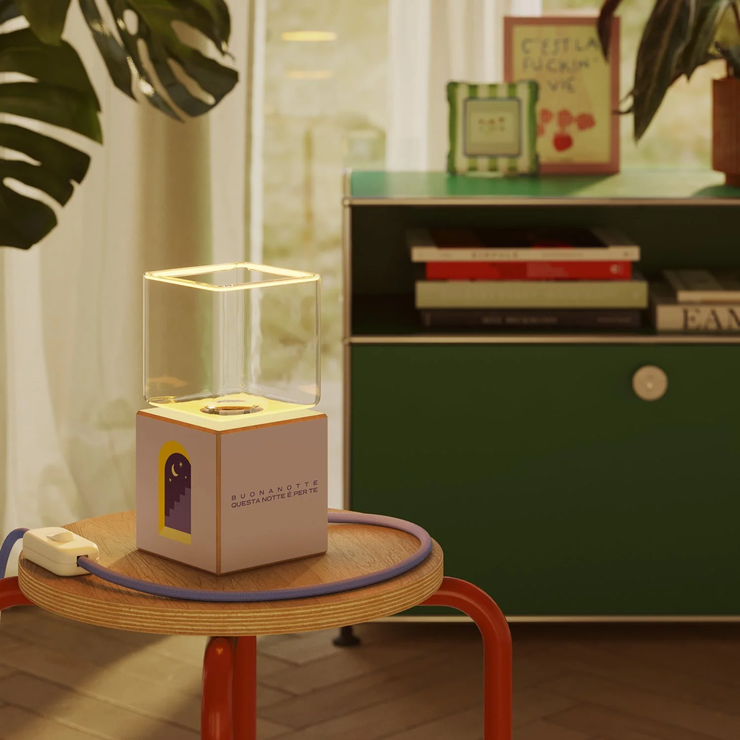 Cubetto table lamp "Buonanotte fiorellino" with UK plug and Ghost light bulb - Santomanifesto - Image 2