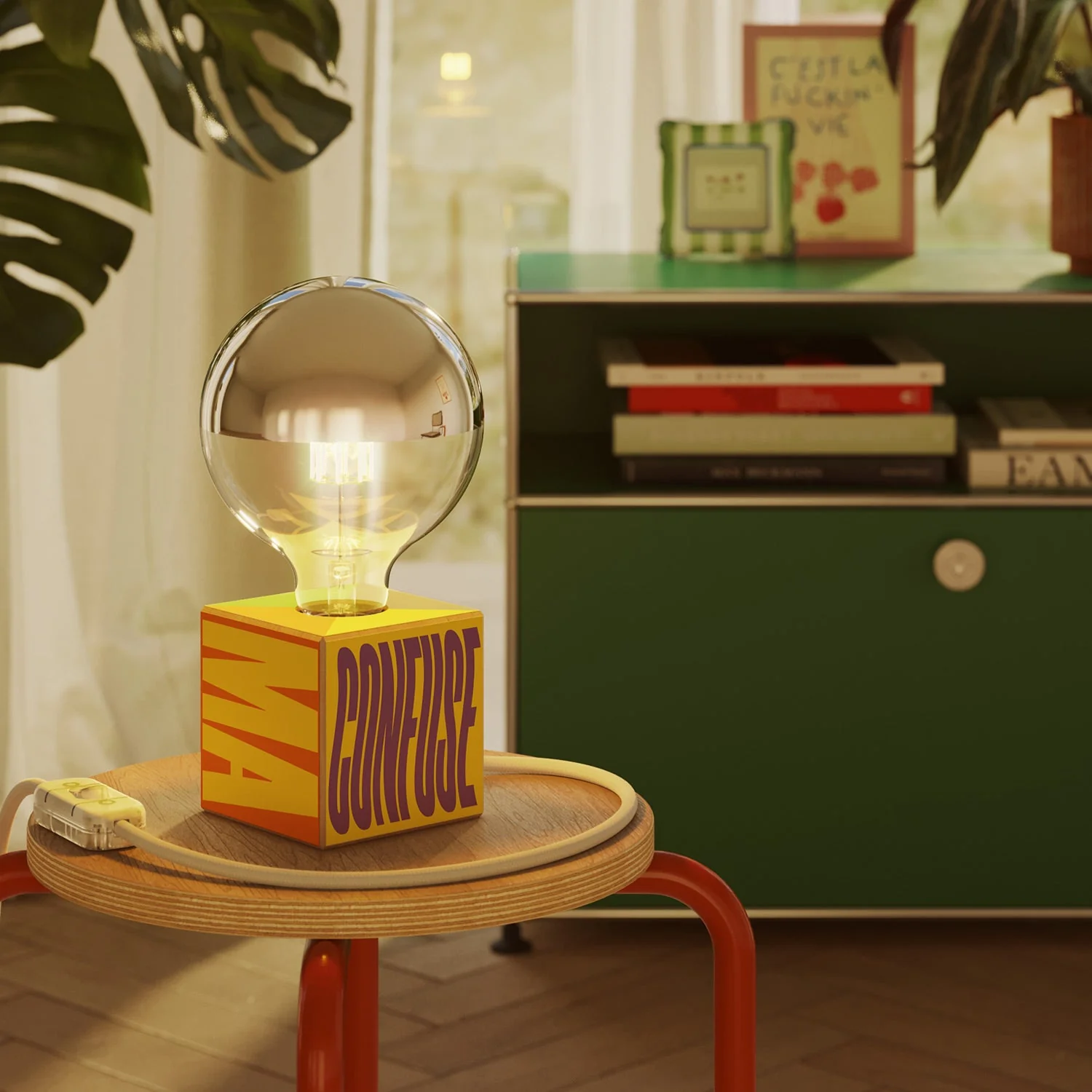 Cubetto table lamp "Few ideas but confused" with half-silvered globe Light bulb - Santomanifesto - Image 2