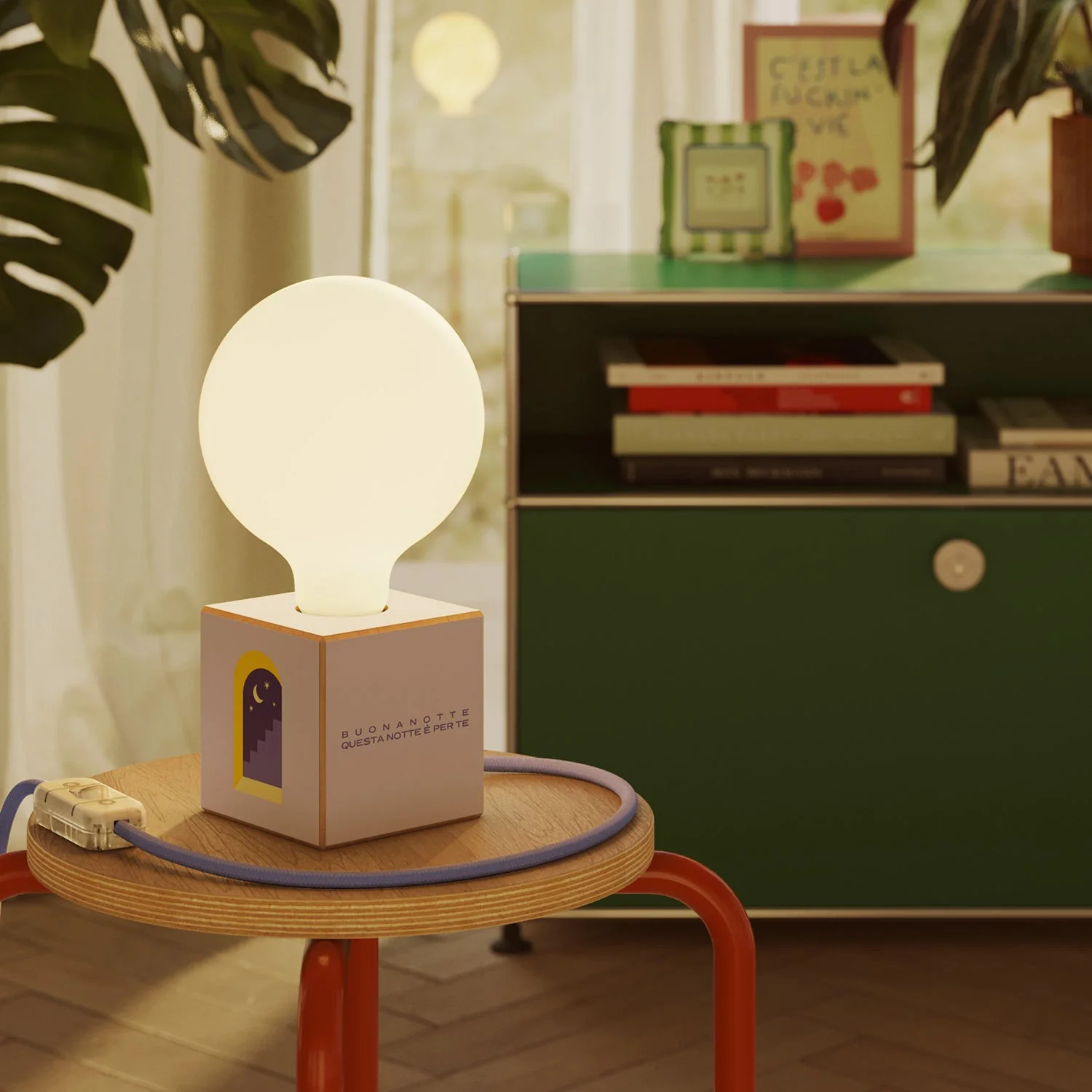 Cubetto table lamp "Buonanotte fiorellino" with porcelain-effect globe light bulb - Santomanifesto - Image 2