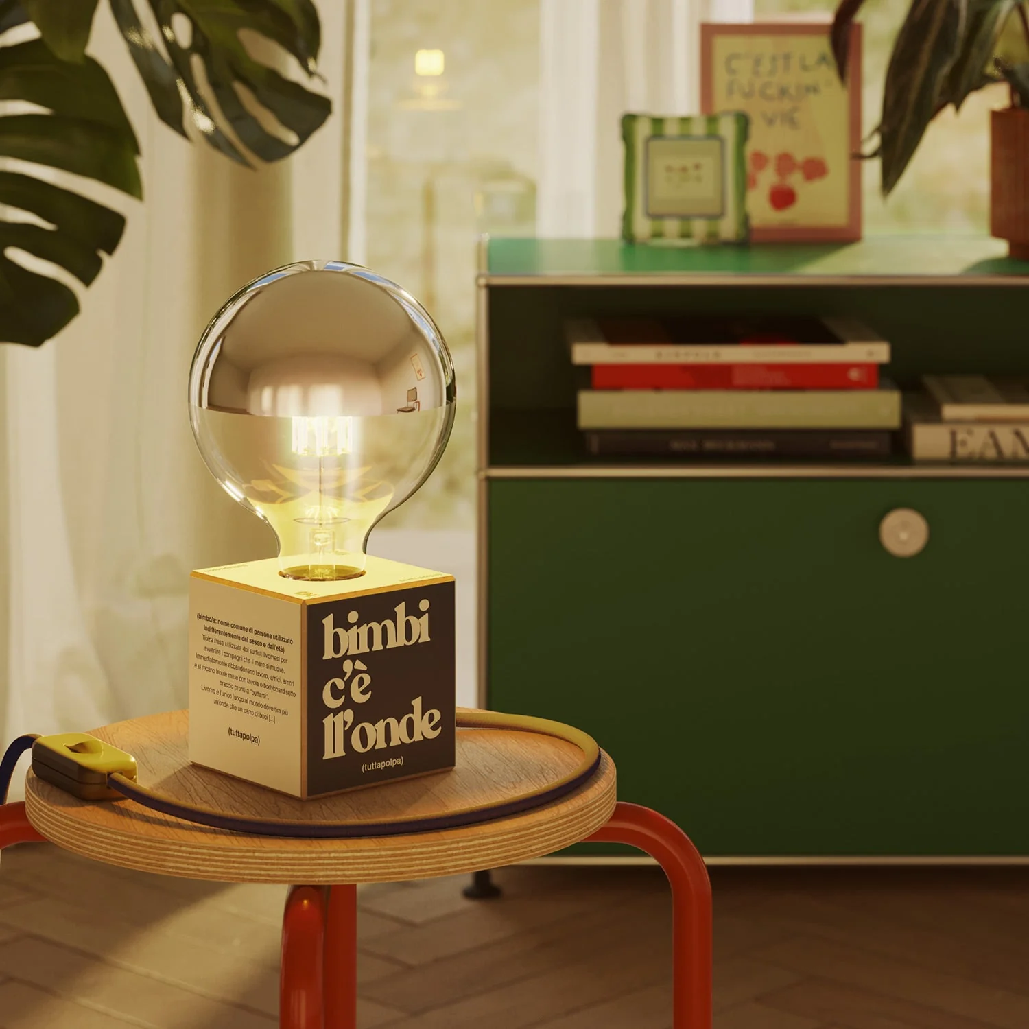 Cubetto Table Lamp "Bimbi c'è l'onde" with silver half-sphere globe light bulb - Tuttapolpa - Image 2