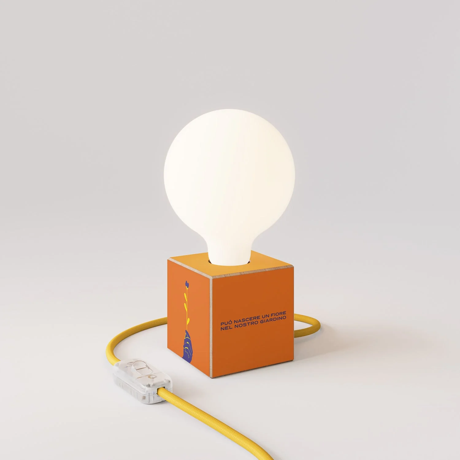 Cubetto Table Lamp "A Flower Can Be Born" with porcelain effect globe light bulb - Santomanifesto