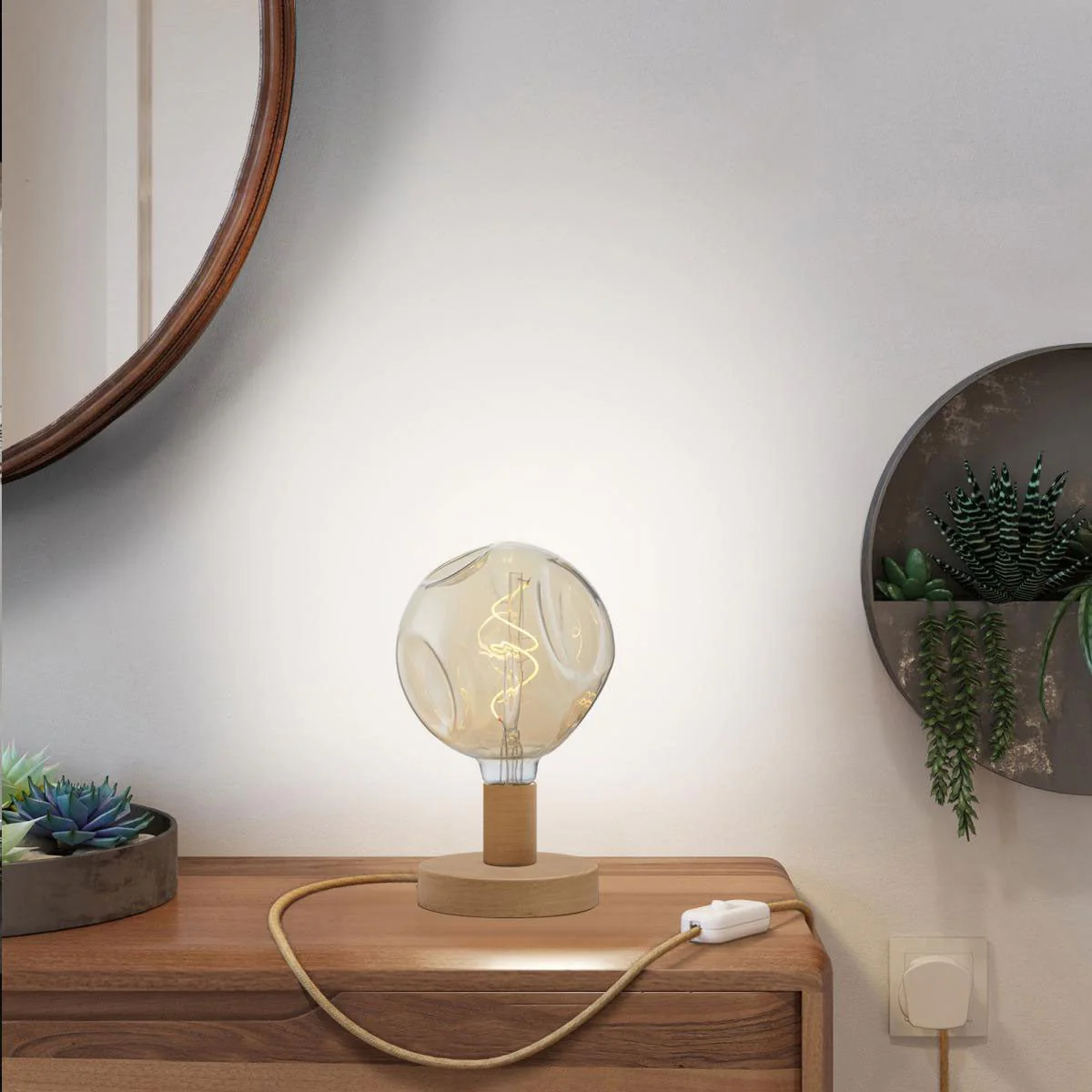 Posaluce Bumped wooden table lamp with UK plug - Neutral - Image 2