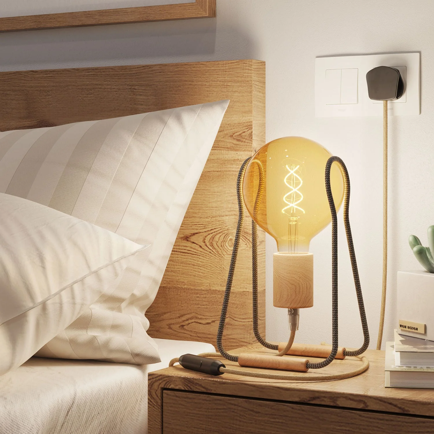 Taché Wood table lamp with UK plug - Dark Grey Zig Zag - Image 2