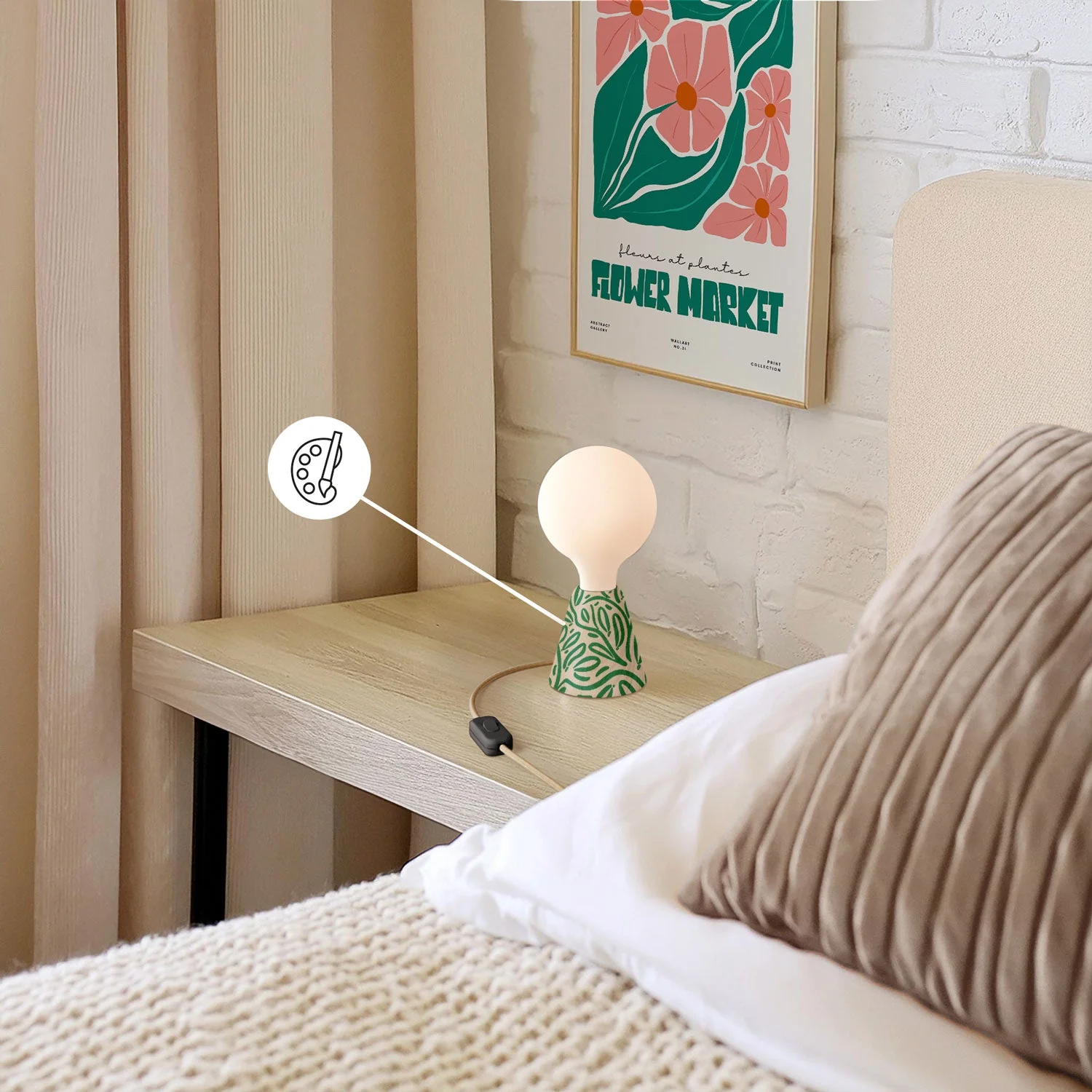 Table lamp with alder wood base, porcelain-effect light bulb, RN06 cable and UK plug - Image 3
