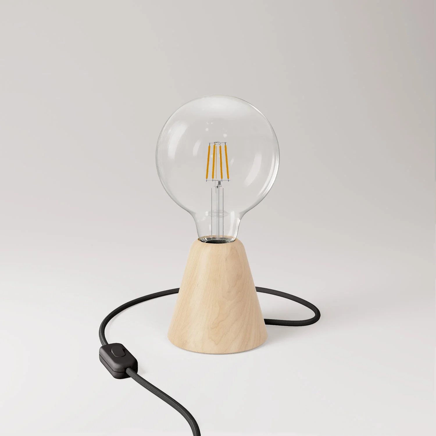 Table lamp with alder wood base, transparent light bulb, RM04 cable and UK plug