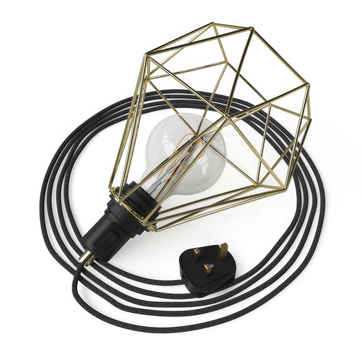Table Snake - Plug-in lamp with UK plug and Diamond cage lampshade - Brass
