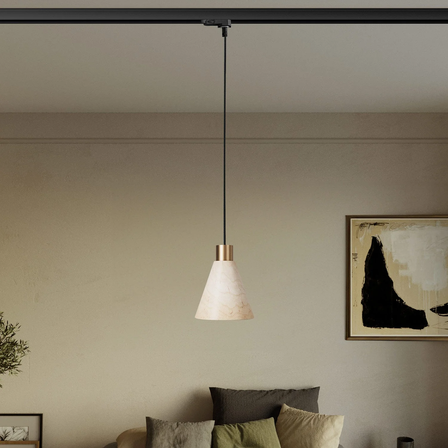 Pendant lamp for track systems with conical wooden lampshade - Satin bronze - Image 2