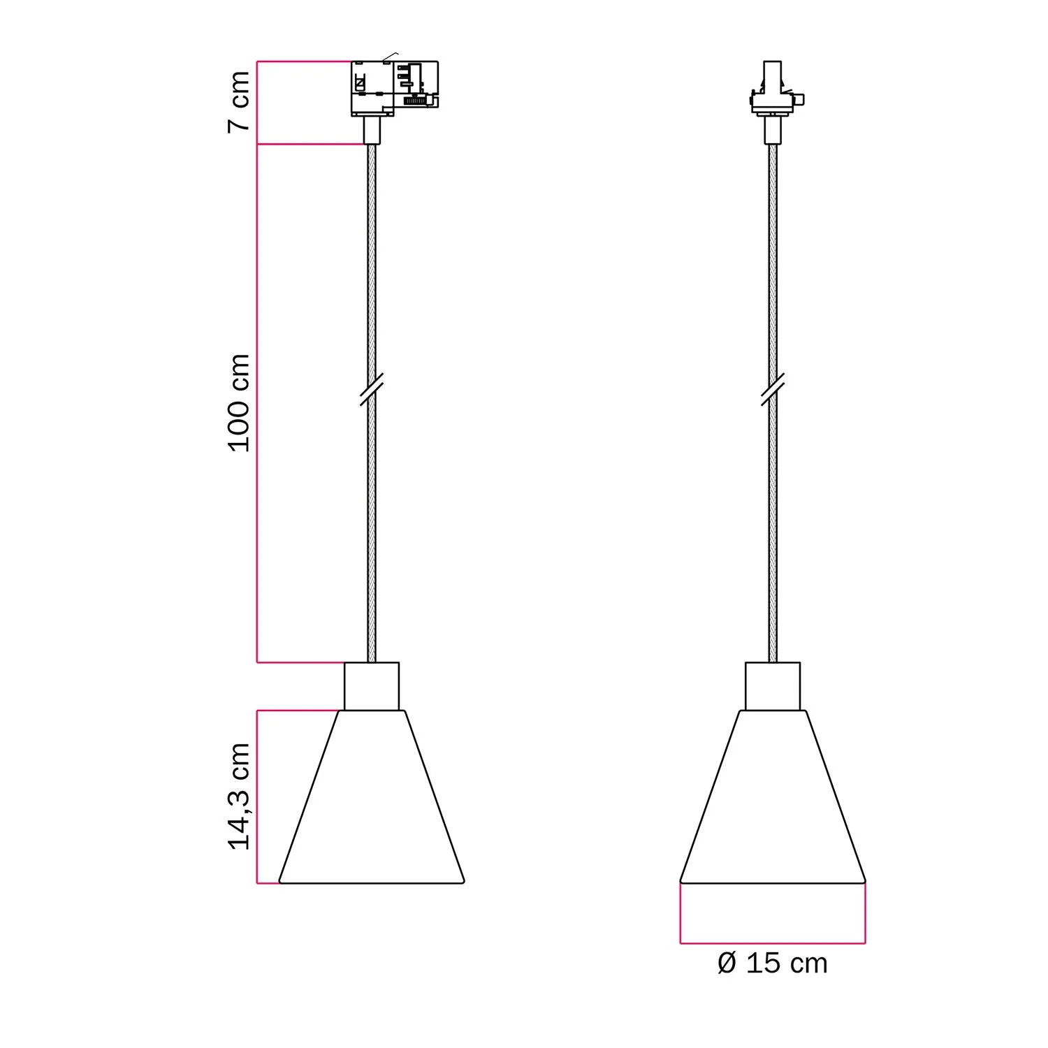 Pendant lamp for track systems with conical wooden lampshade - Satin bronze - Image 6