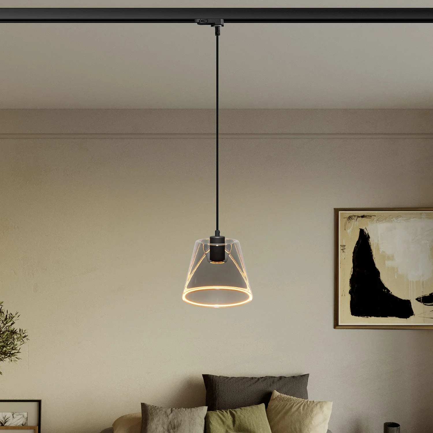 Pendant for tracks with Ghost cone-shaped smoky light bulb - Black - Image 2
